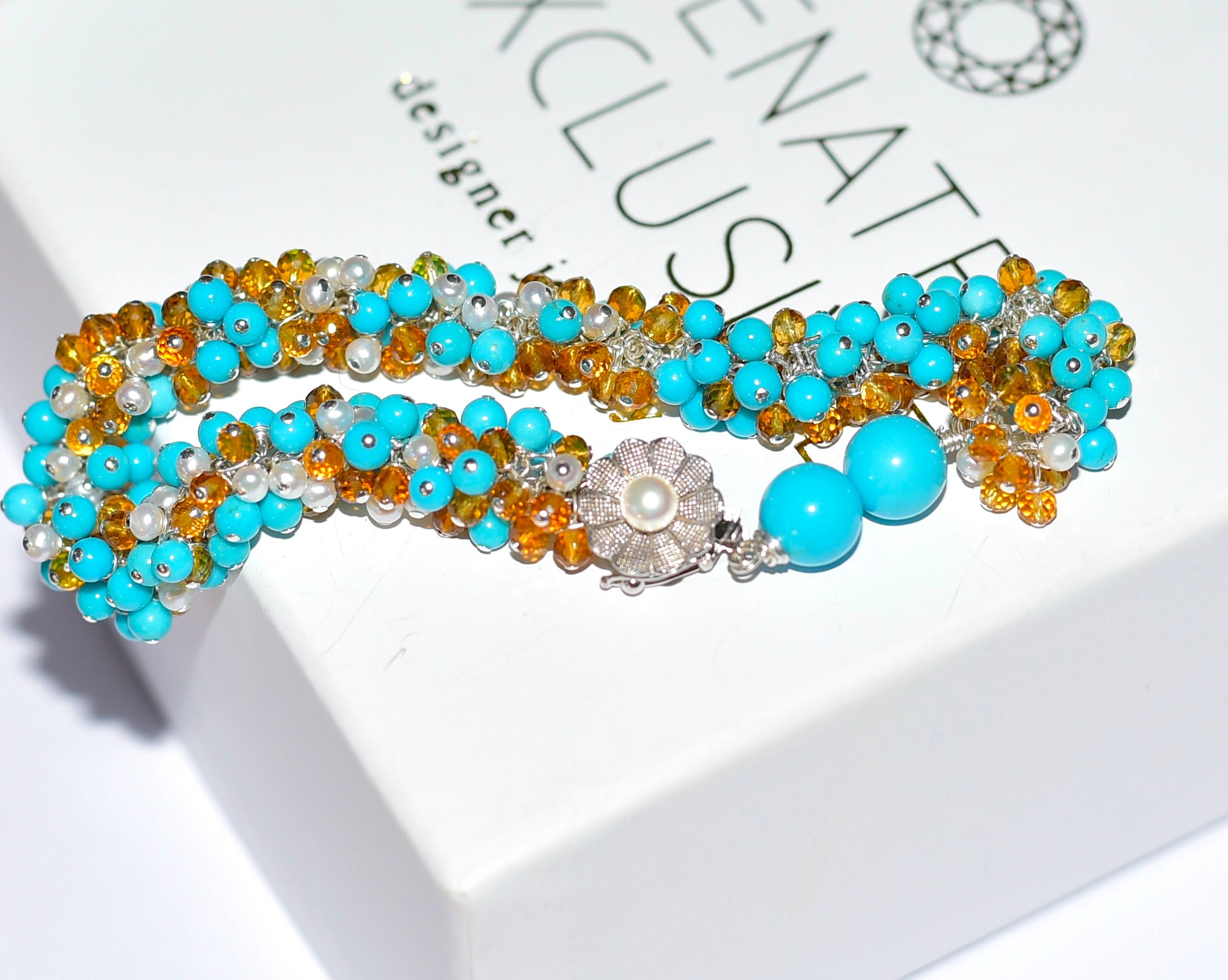 Artisan Sleeping Beauty Turquoise, Madeira Citrine, Seed Pearl Bracelet in 14K Gold