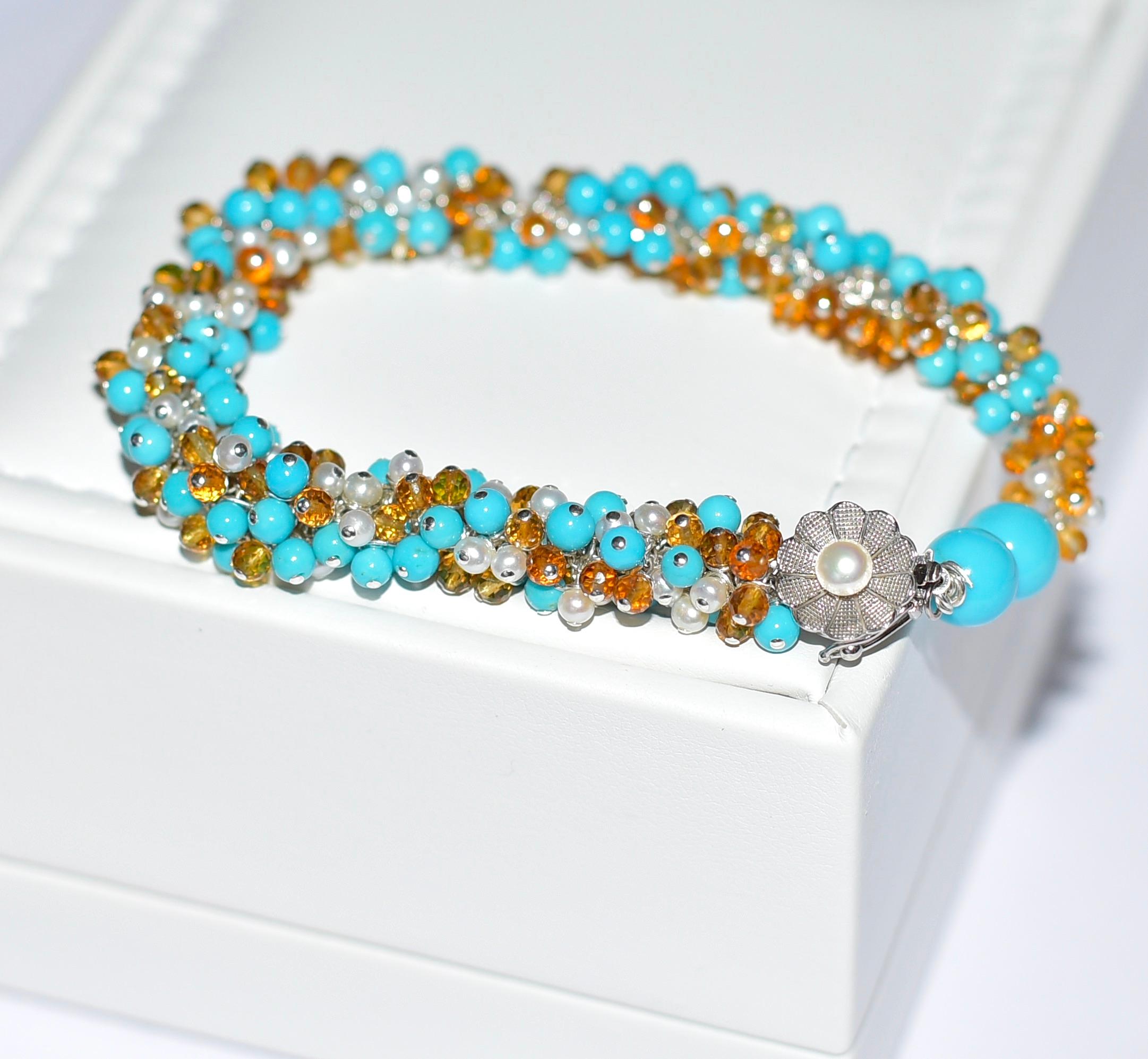 Bead Sleeping Beauty Turquoise, Madeira Citrine, Seed Pearl Bracelet in 14K Gold