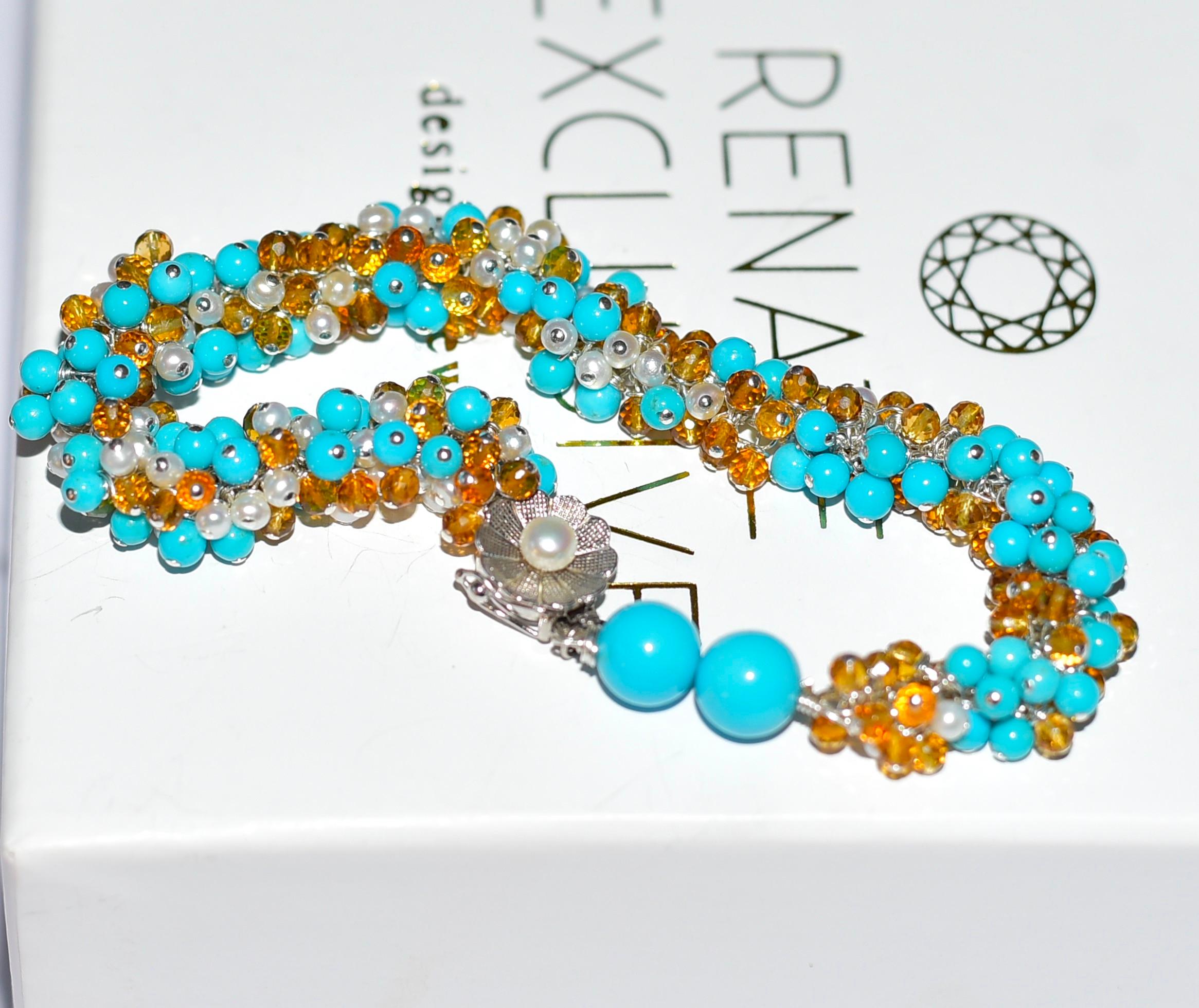 Sleeping Beauty Turquoise, Madeira Citrine, Seed Pearl Bracelet in 14K Gold In New Condition In Astoria, NY