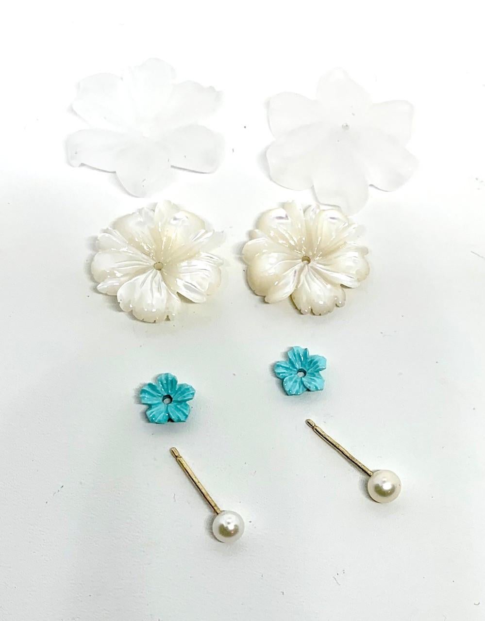 Sleeping Beauty Turquoise, Mother of Pearl and Rock Crystal Earrings 14k Gold In New Condition In Los Angeles, CA