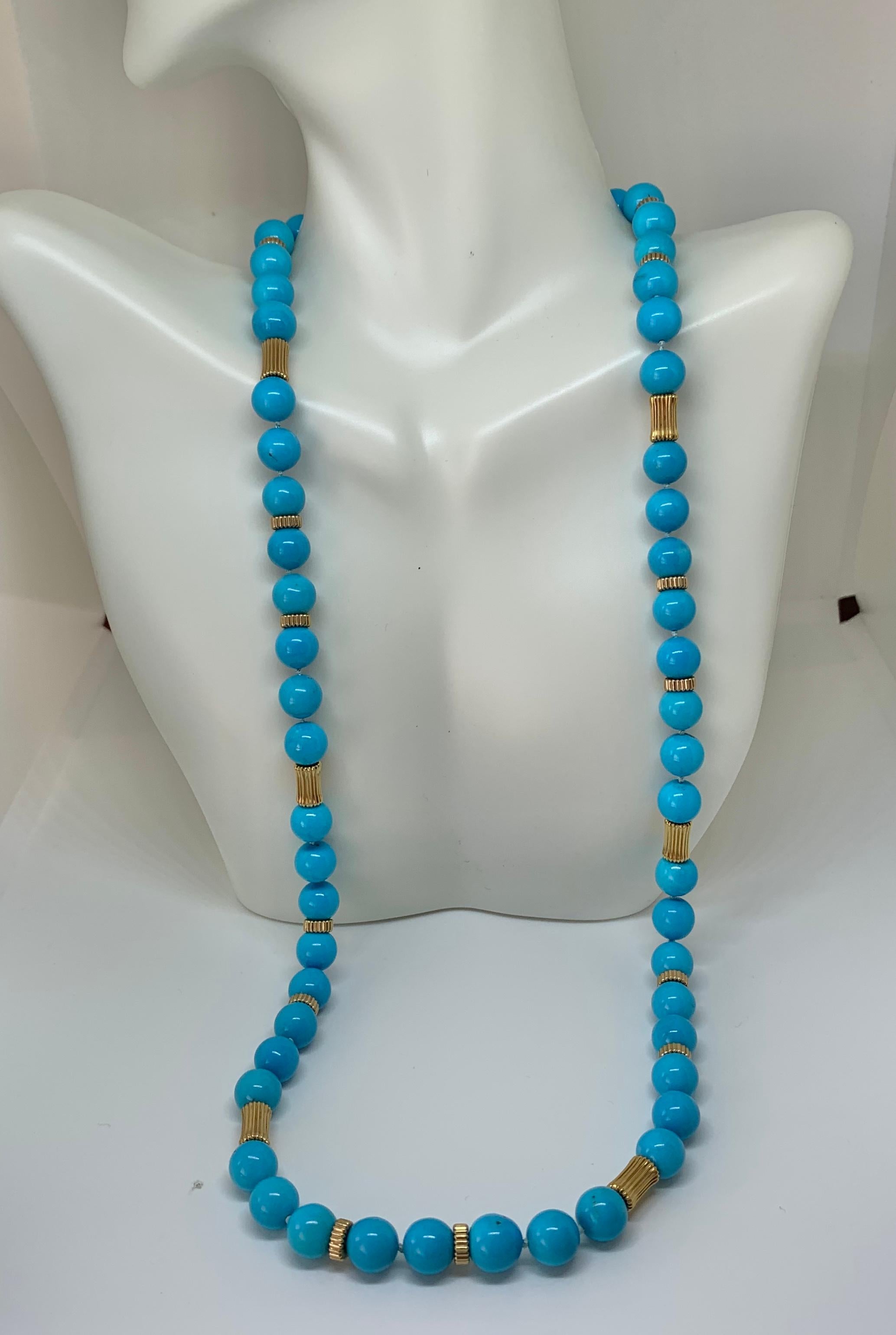 This is a spectacular antique Persian Turquoise and 14 Karat Yellow Gold Necklace.  The natural mined turquoise is the most exquisite vivid robin's egg blue.  The color of the turquoise is the absolute finest color of turquoise.  The exquisite