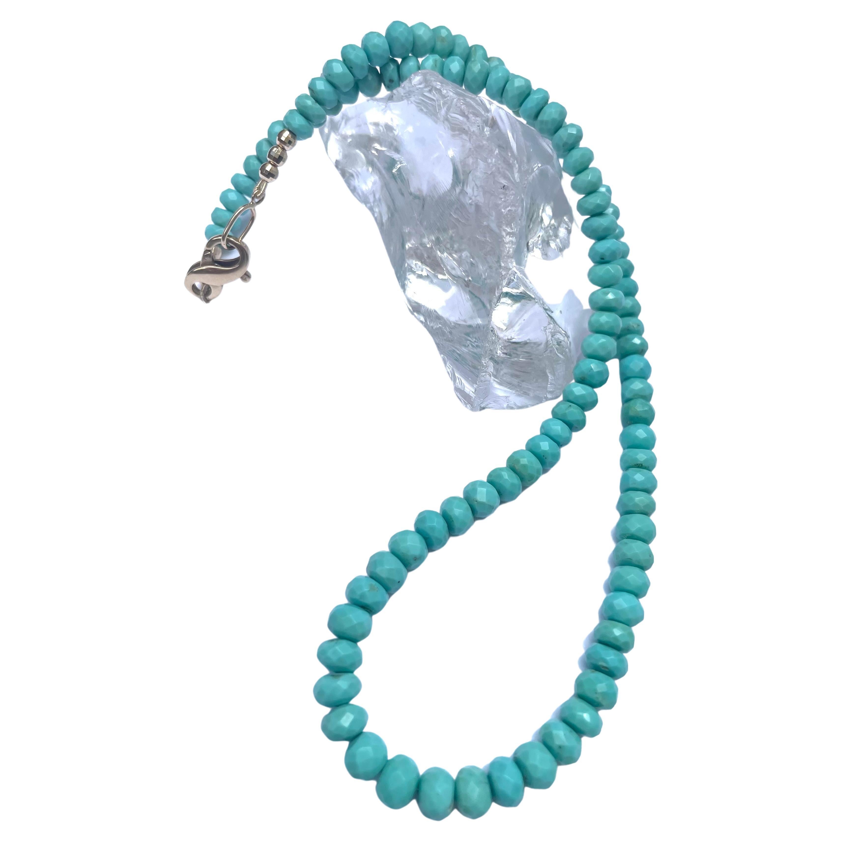Description
Exquisite Sleeping Beauty turquoise necklace accented with 14k yellow gold faceted round beads adorning an easy to use clasp. 
Item # N3845

Materials and Weight
Sleeping Beauty turquoise 79 carats, 5-6mm, faceted rondelle shape
Faceted