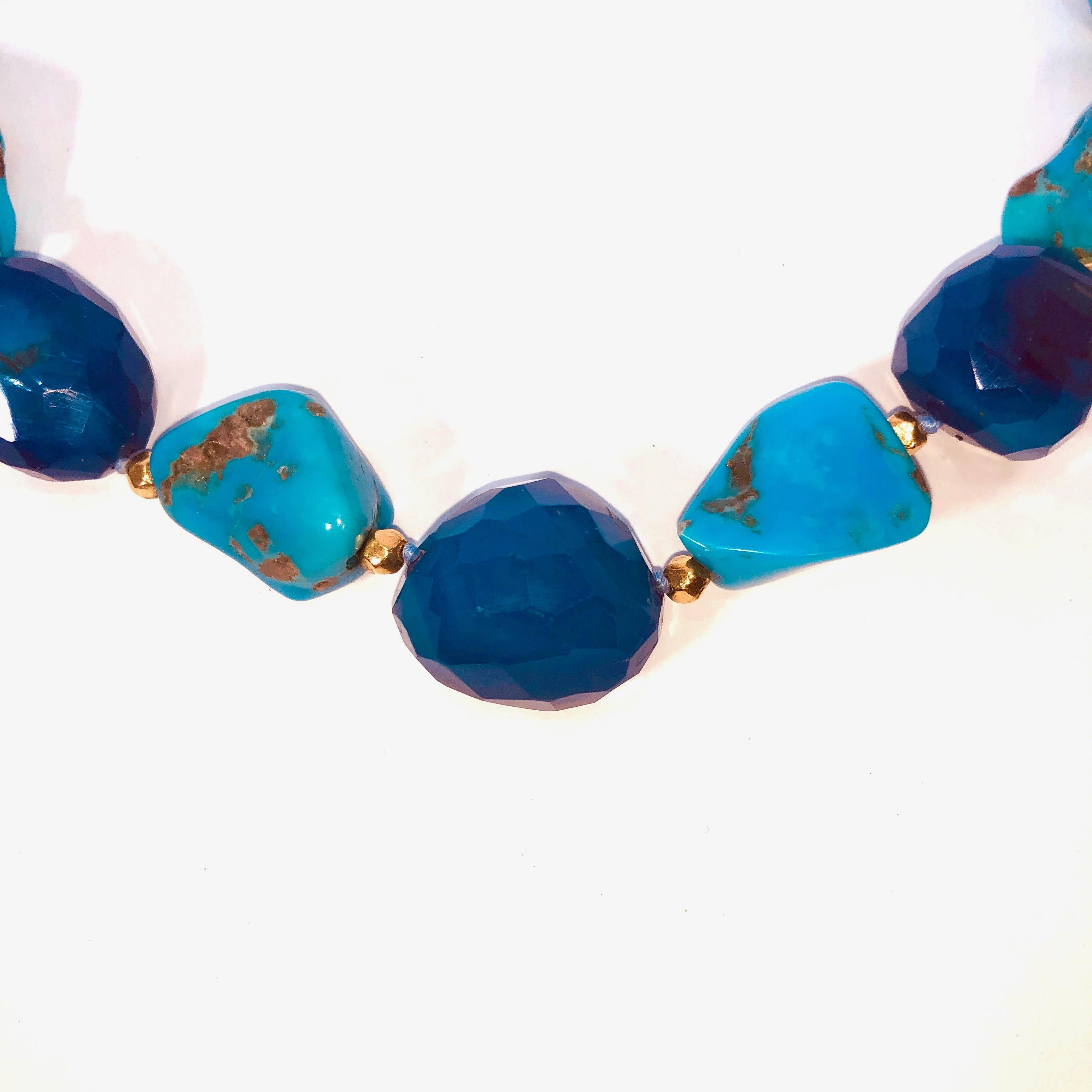Unbelievably  blue color natural Sleeping Beauty nuggets with matrix separated by 18k yellow gold beads with an 18k yellow gold toggle clasp.  This fabulous Arizona native stone is no longer being mined; it is all gone, and no other turquoise stone