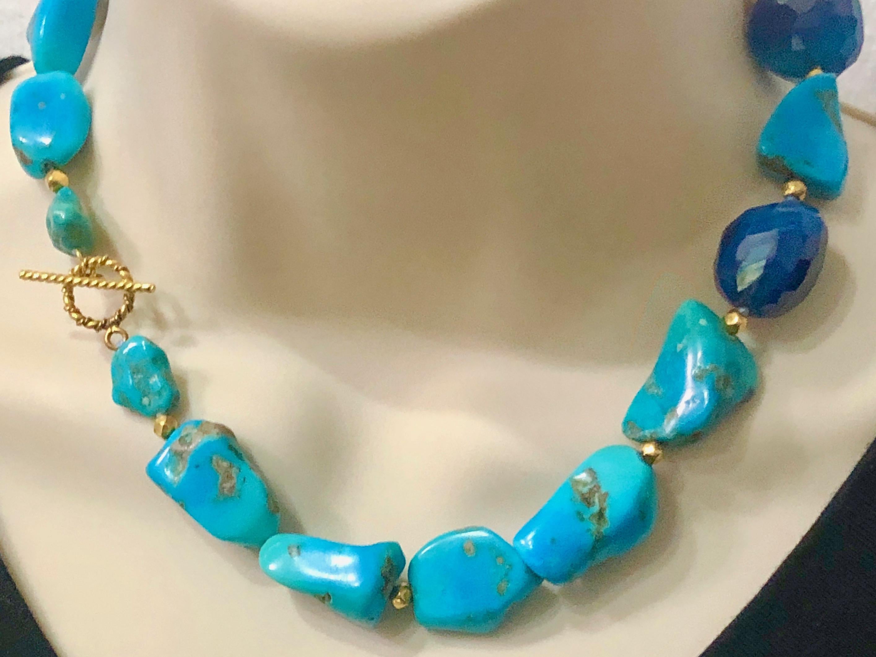 Contemporary Sleeping Beauty Turquoise Nuggets With Blue Onyx and 18k Gold Clasp and Beads For Sale