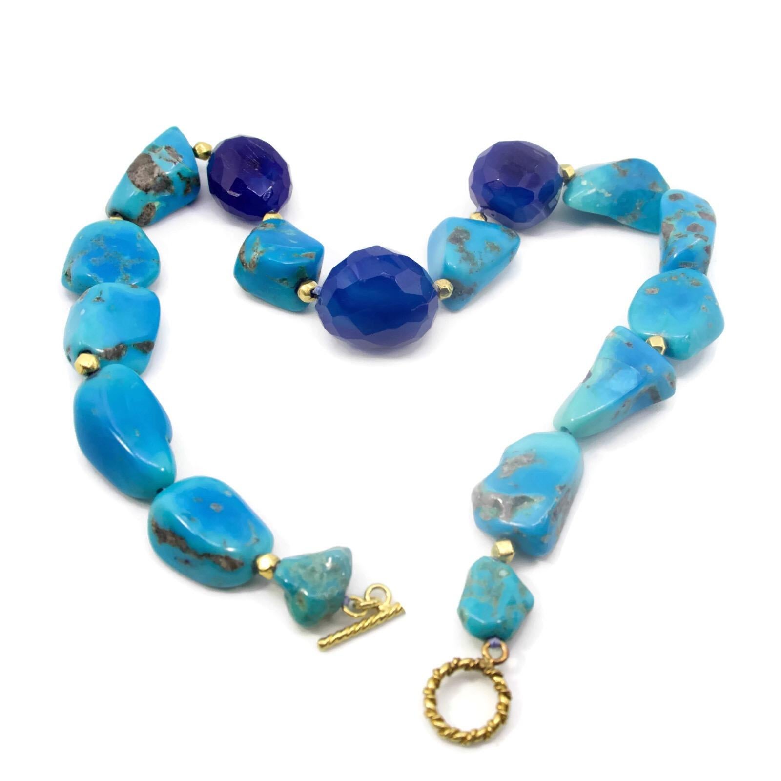Women's or Men's Sleeping Beauty Turquoise Nuggets With Blue Onyx and 18k Gold Clasp and Beads For Sale