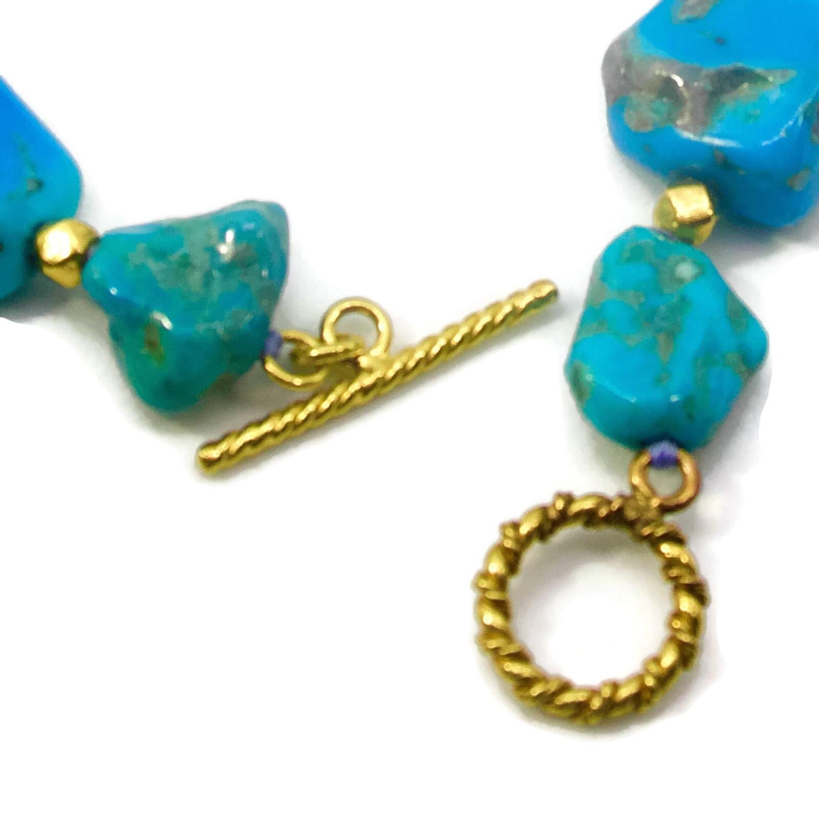 Sleeping Beauty Turquoise Nuggets With Blue Onyx and 18k Gold Clasp and Beads For Sale 1