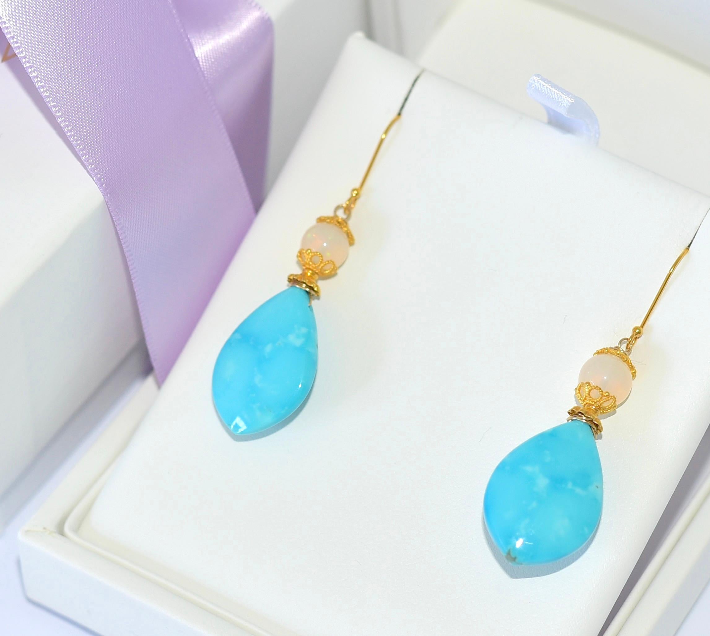 Modern Kingman Turquoise, Opal Earrings in 18K Solid Yellow Gold