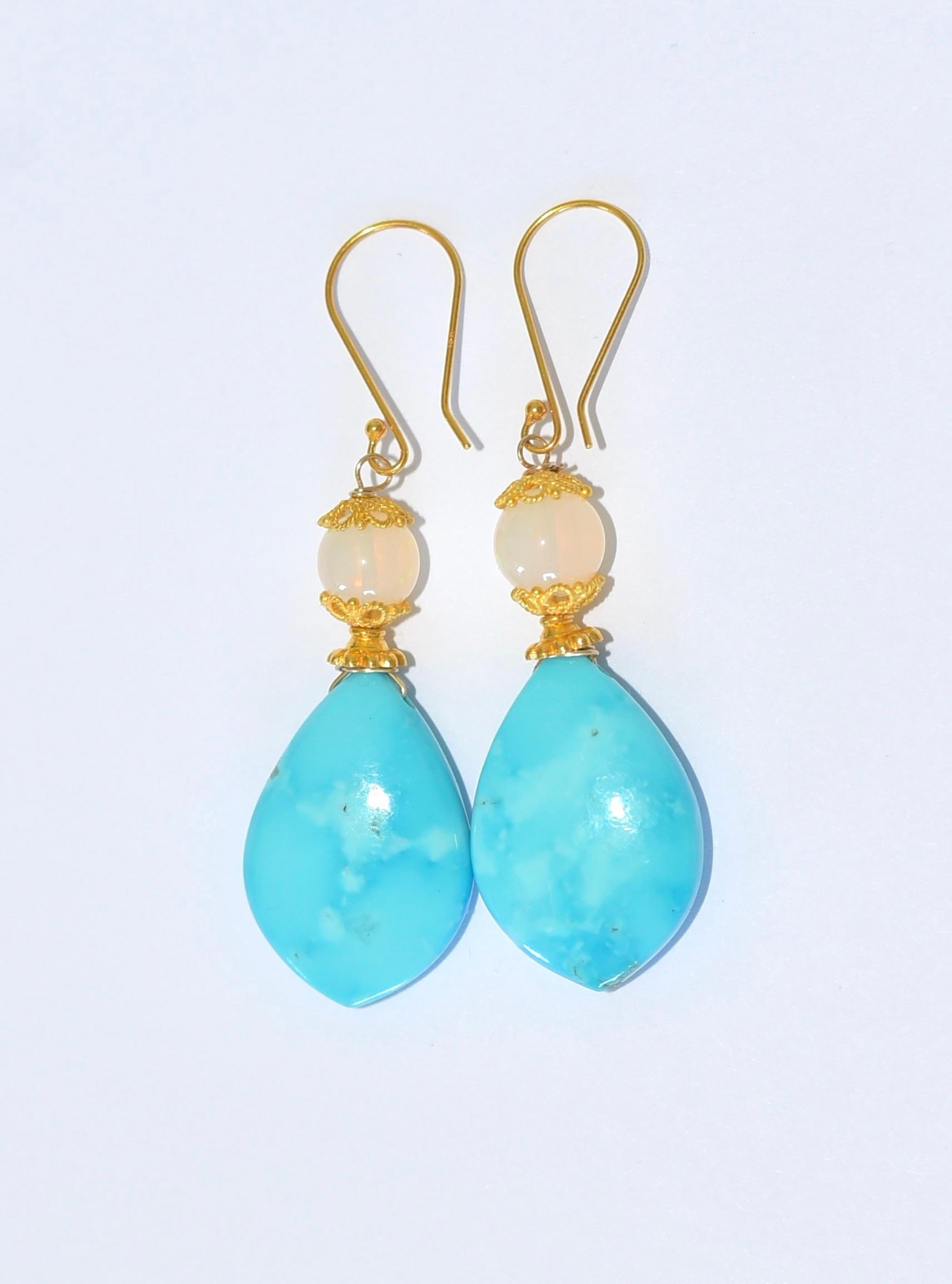 Kingman Turquoise, Opal Earrings in 18K Solid Yellow Gold In New Condition In Astoria, NY