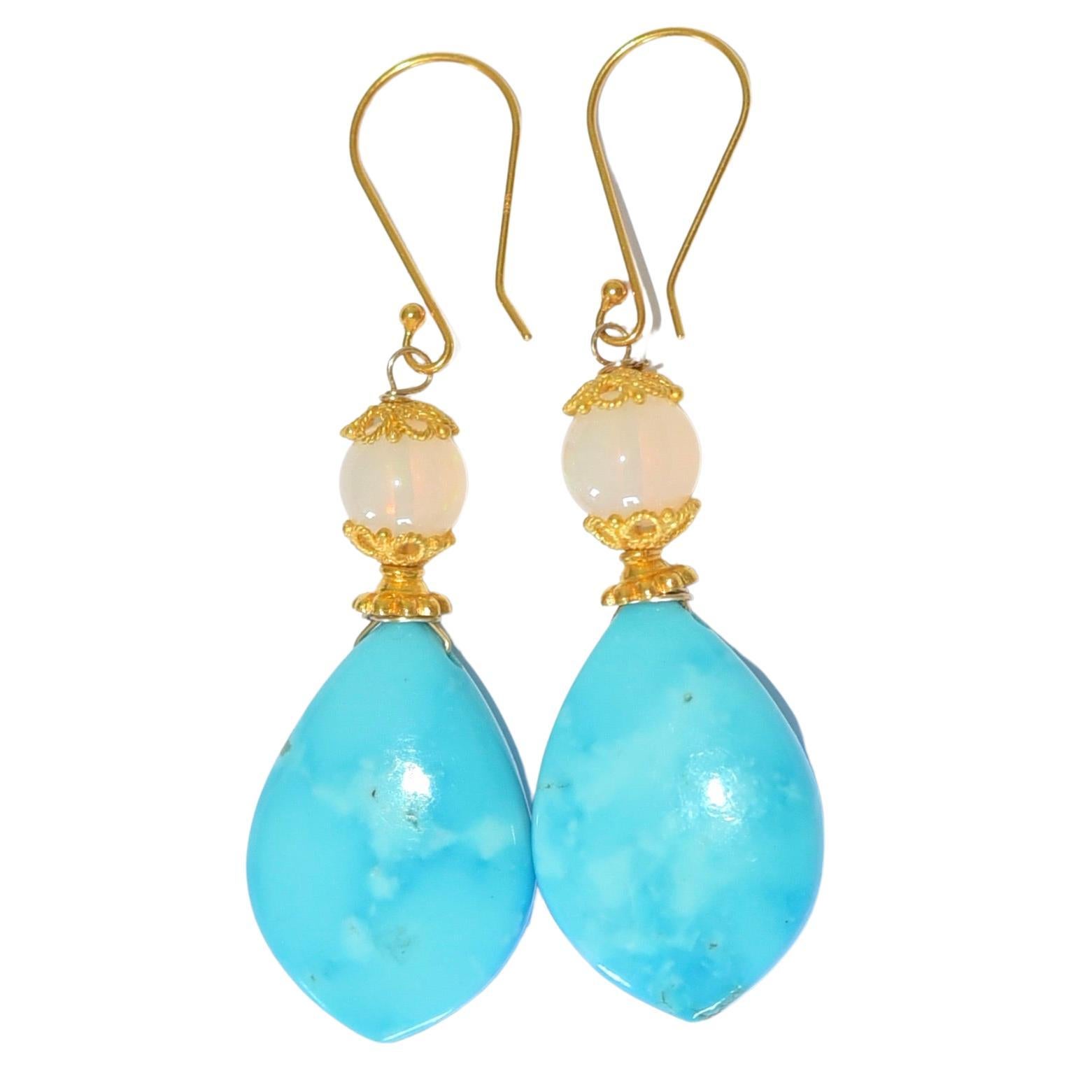 Kingman Turquoise, Opal Earrings in 18K Solid Yellow Gold
