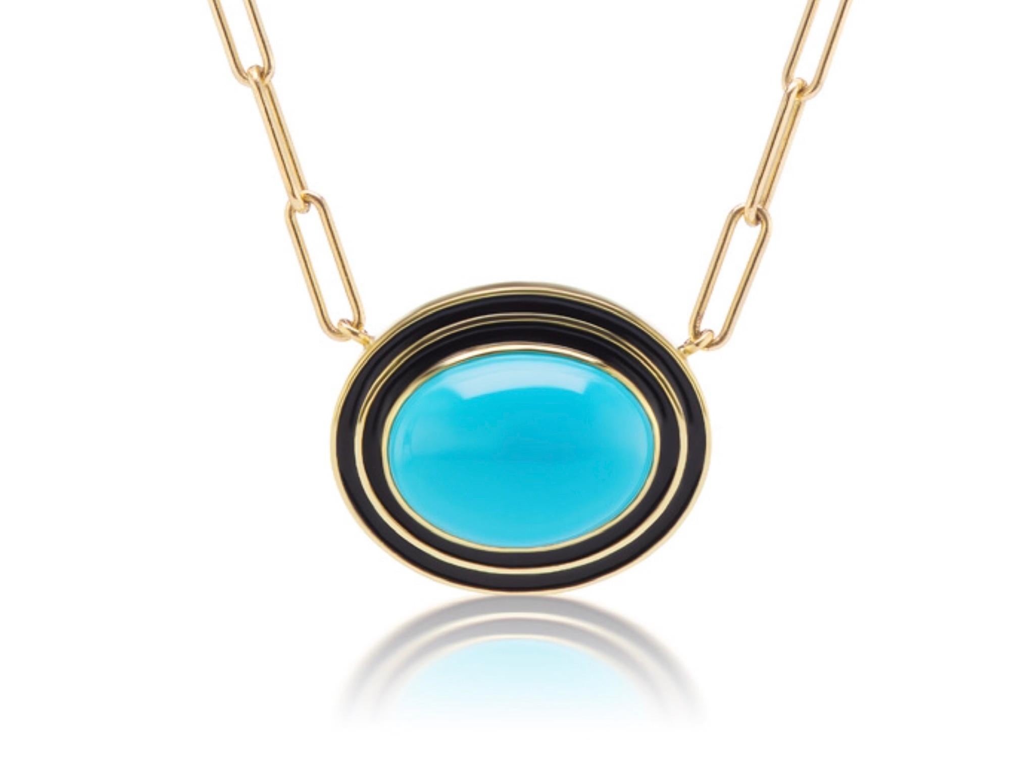 Andrew Glassford's Museum Series Sleeping Beauty Turquoise Necklace in 18K Yellow Gold. The 16 carat Oval Turquoise is surrounded by two rows of Black enamel to create a stunning effect. Sleeping Beauty Turquoise was mined in Arizona but are no