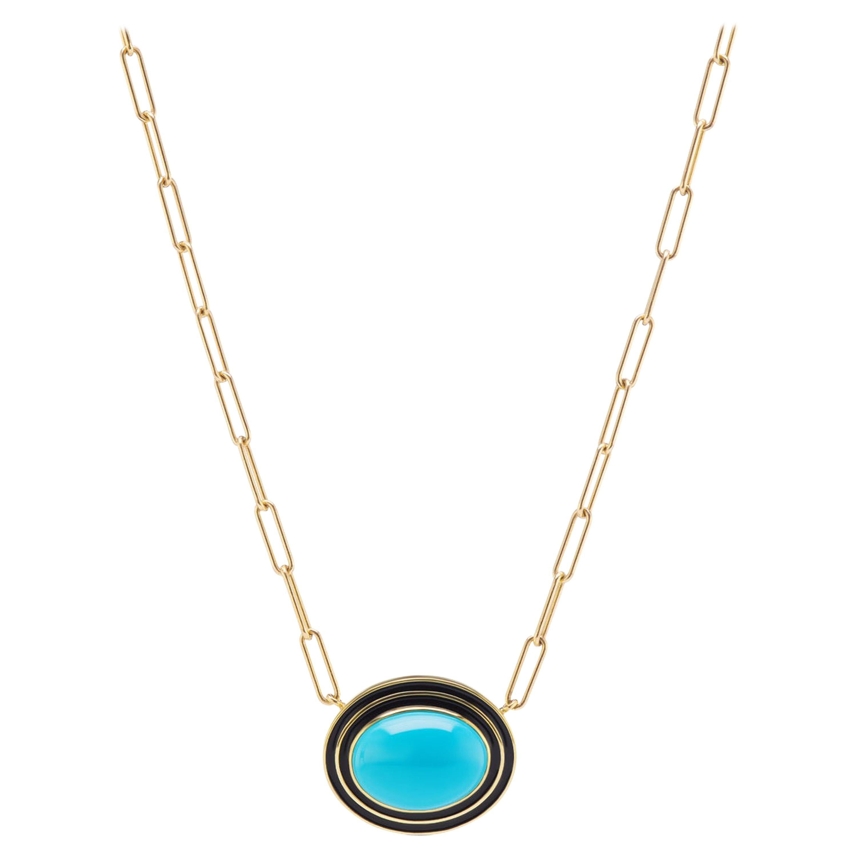 Sleeping Beauty Turquoise Oval Cabochon Necklace with Black Enamel in 18K Gold For Sale