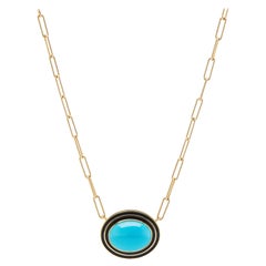 Sleeping Beauty Turquoise Oval Cabochon Necklace with Black Enamel in 18K Gold