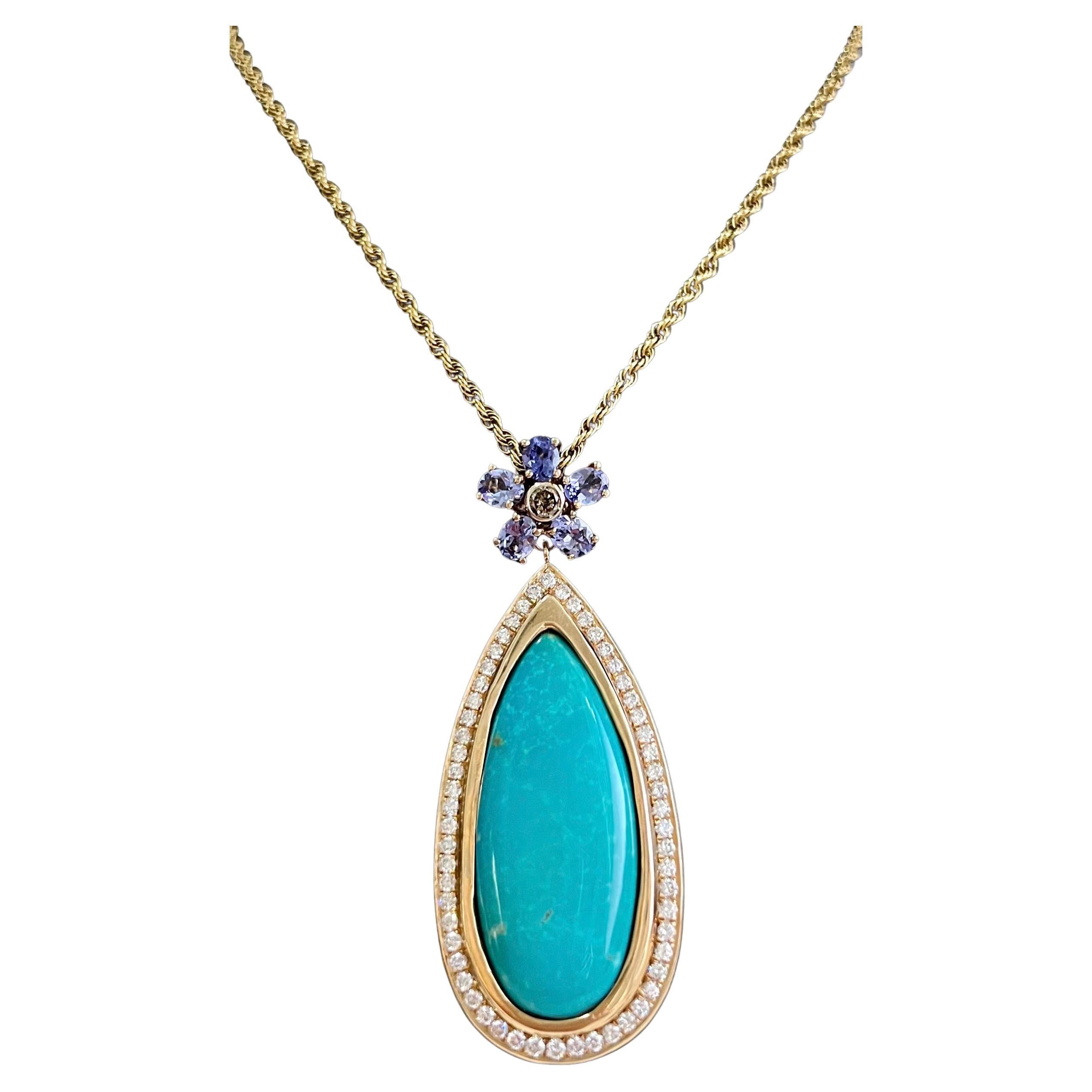 Sleeping Beauty Turquoise Pendant with Tanzanite, Diamonds and Sapphire For Sale