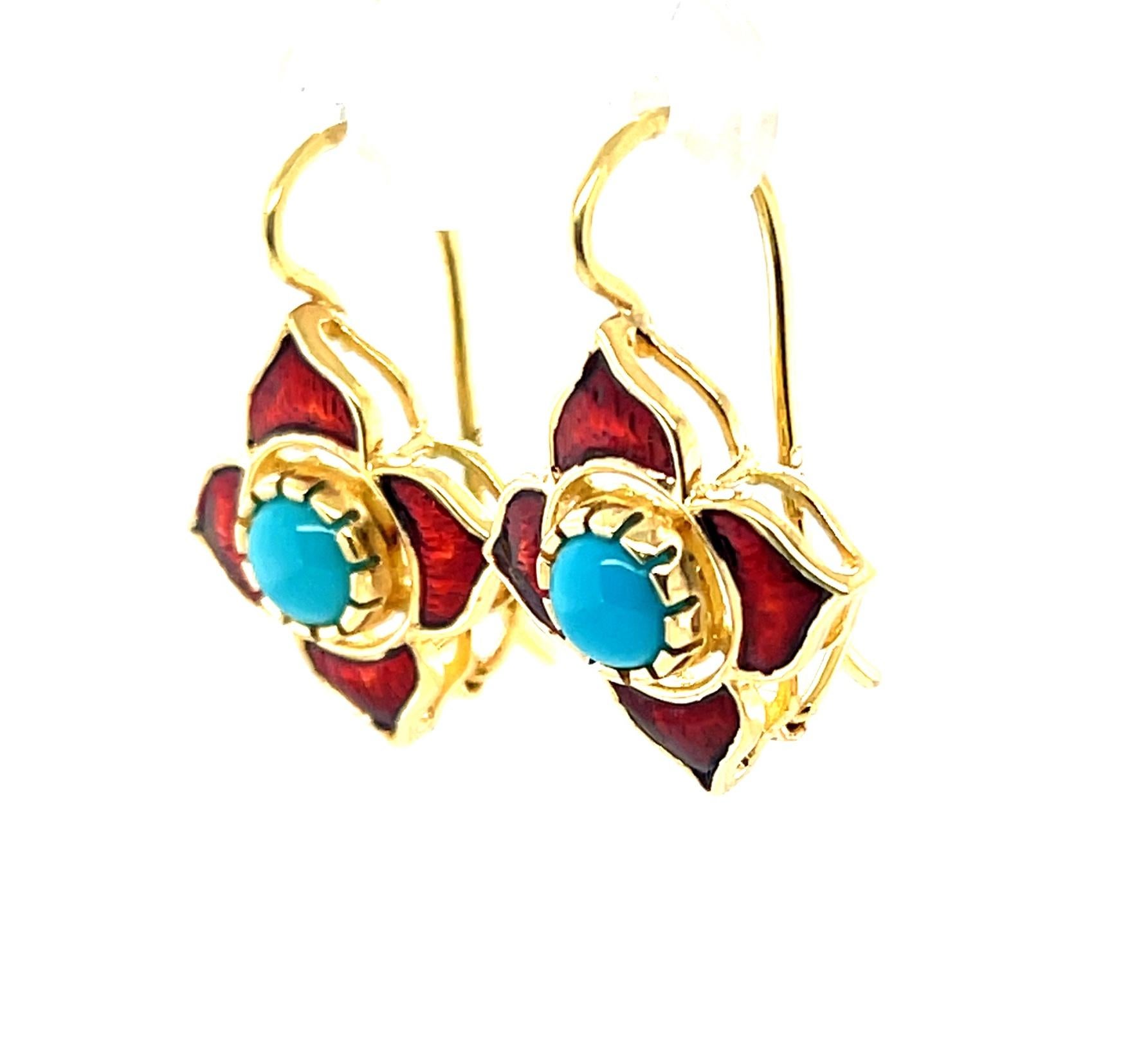 These exquisite, one-of-a- kind earrings are so eye-catching with their rich colors and elegant shape! Bright round turquoise from the Sleeping Beauty mine, famous for its 
