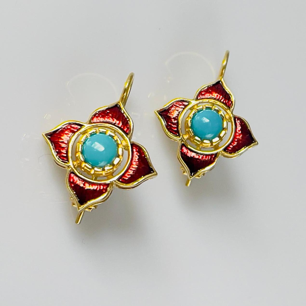 Artisan Sleeping Beauty Turquoise & Pomegranate Enamel Drop Earrings in 18k Yellow Gold For Sale
