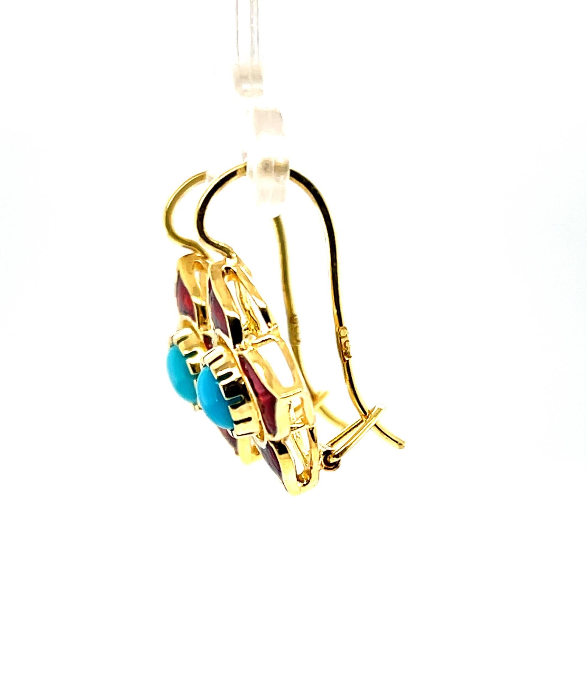 Cabochon Sleeping Beauty Turquoise & Pomegranate Enamel Drop Earrings in 18k Yellow Gold For Sale