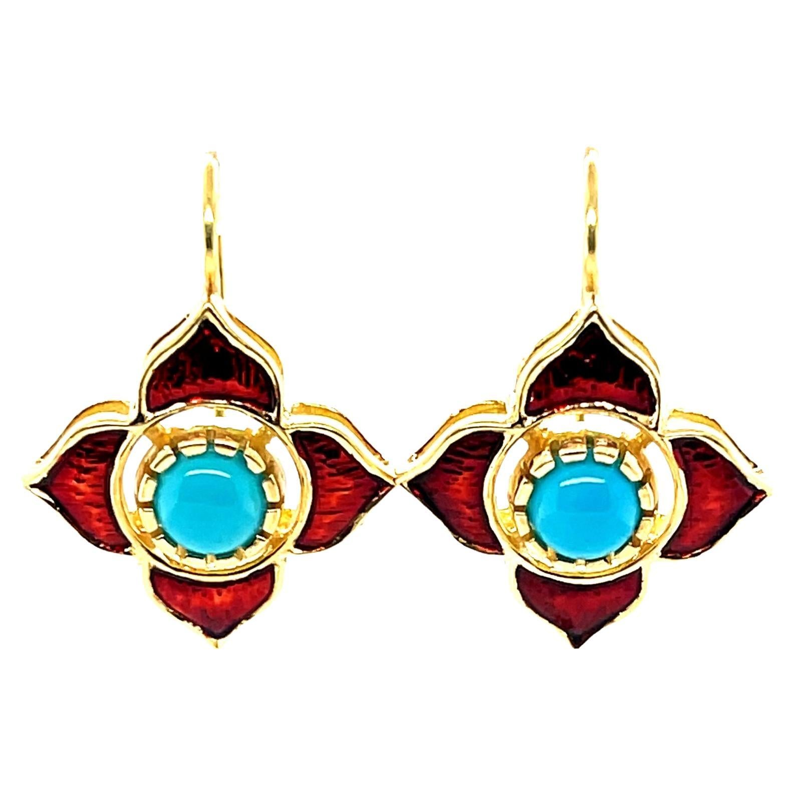 Sleeping Beauty Turquoise & Pomegranate Enamel Drop Earrings in 18k Yellow Gold