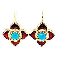 Sleeping Beauty Turquoise & Pomegranate Enamel Drop Earrings in 18k Yellow Gold 