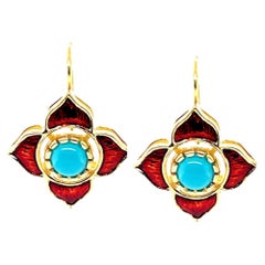 Sleeping Beauty Turquoise & Pomegranate Enamel Drop Earrings in 18k Yellow Gold