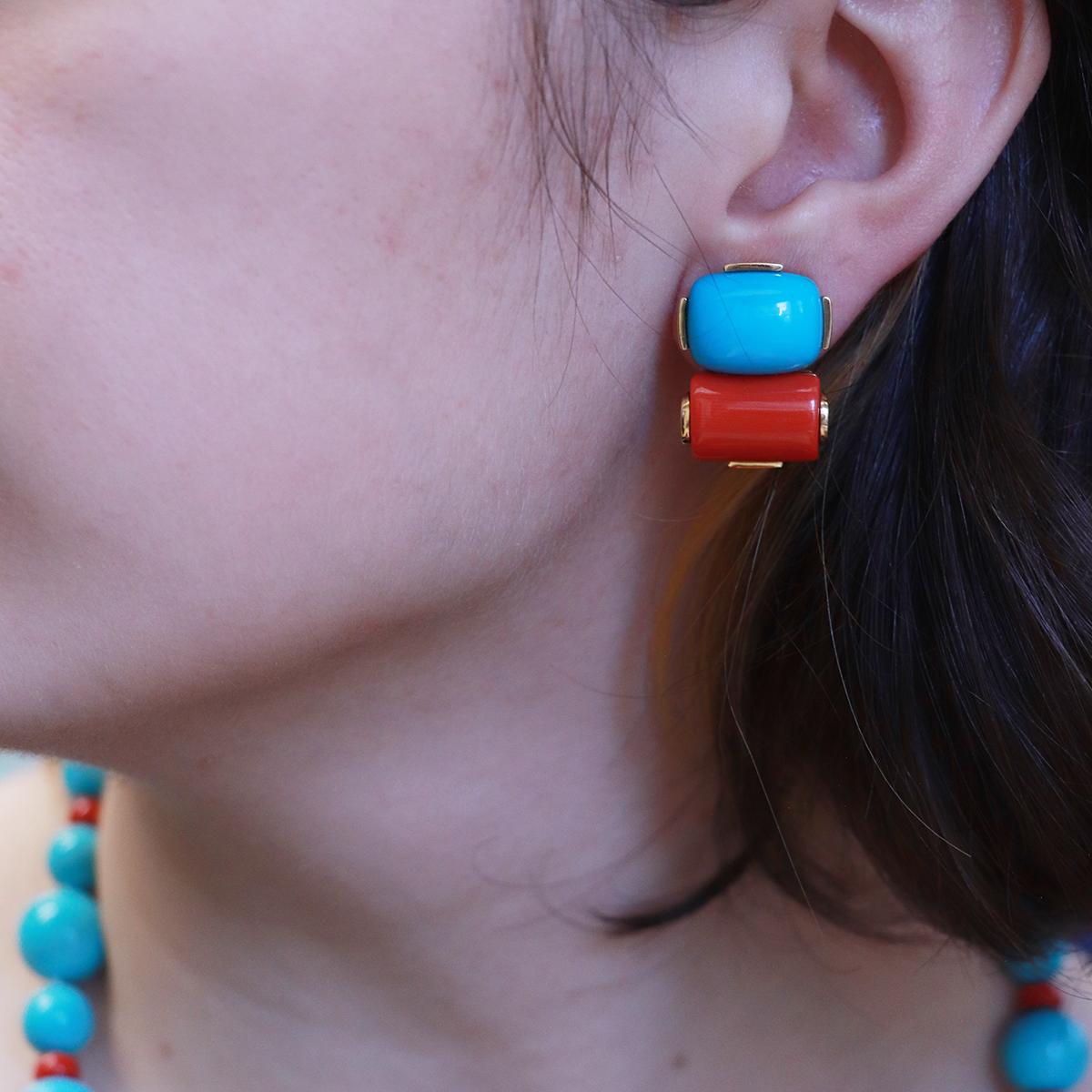 Ohrringe Sleeping Beauty, Türkis, Rot, Koralle, 18 Karat Gelbgold Damen im Angebot