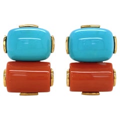Sleeping Beauty Turquoise Red Coral 18K Yellow Gold Earrings