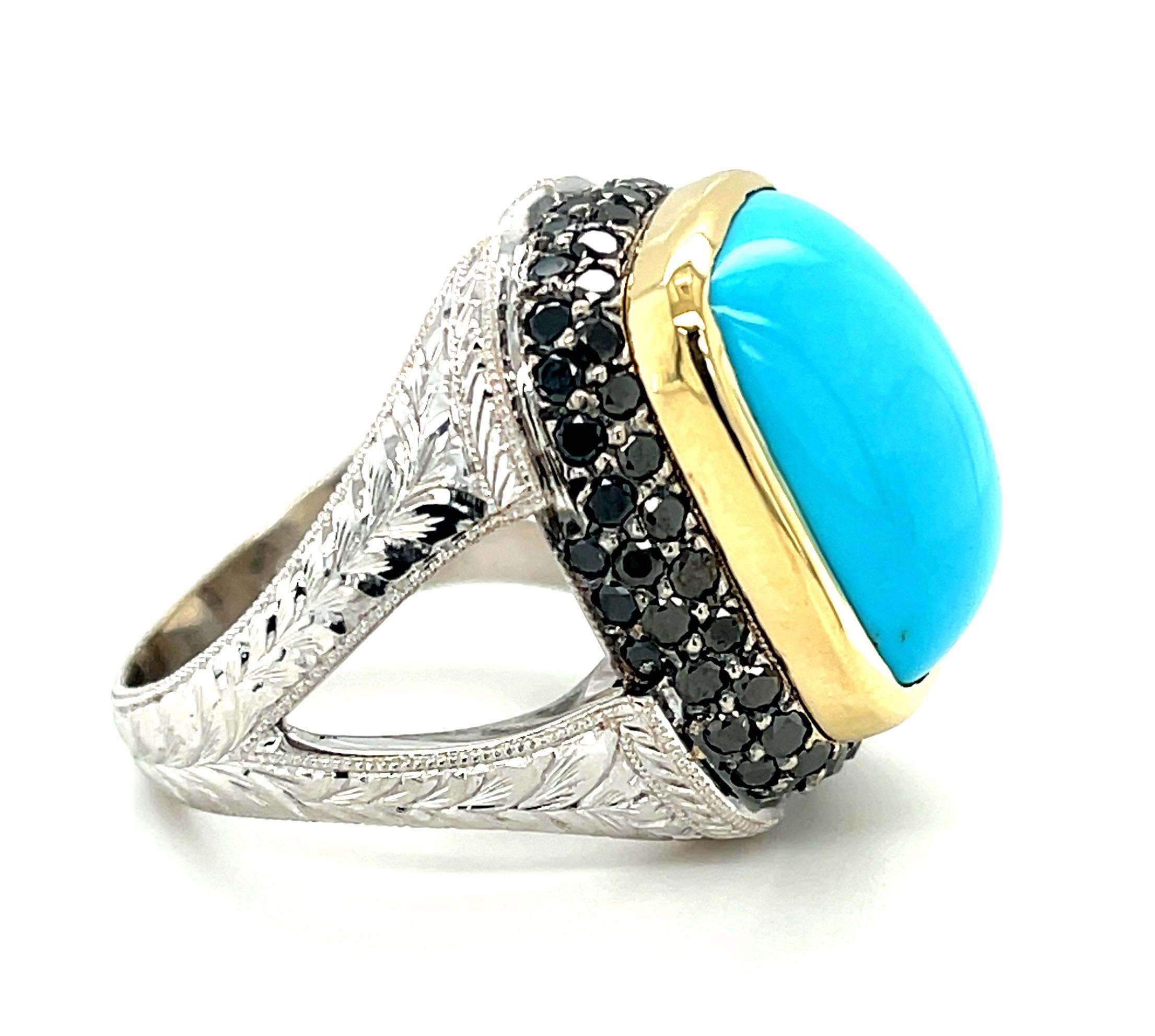 Artisan Sleeping Beauty Turquoise Ring 18k Gold with Natural Black Diamonds For Sale