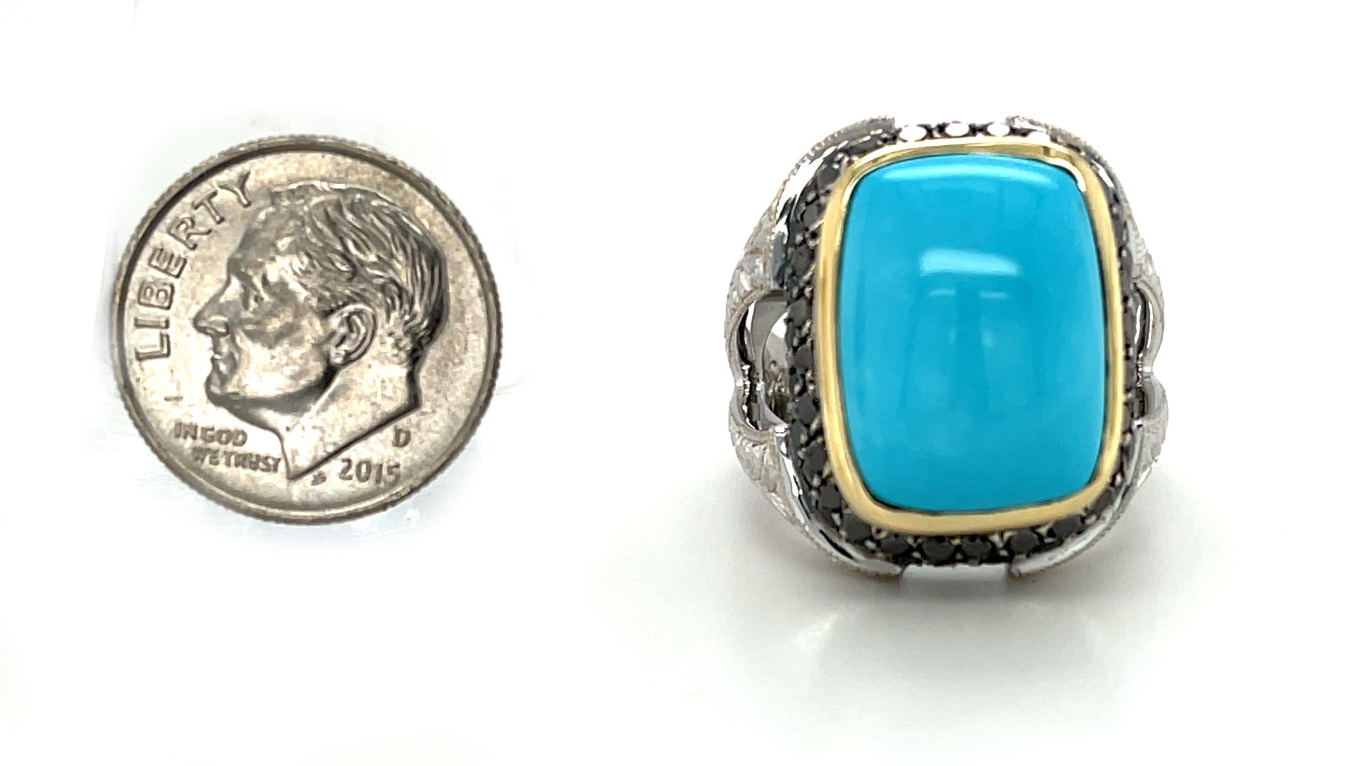 Cabochon Sleeping Beauty Turquoise Ring 18k Gold with Natural Black Diamonds For Sale
