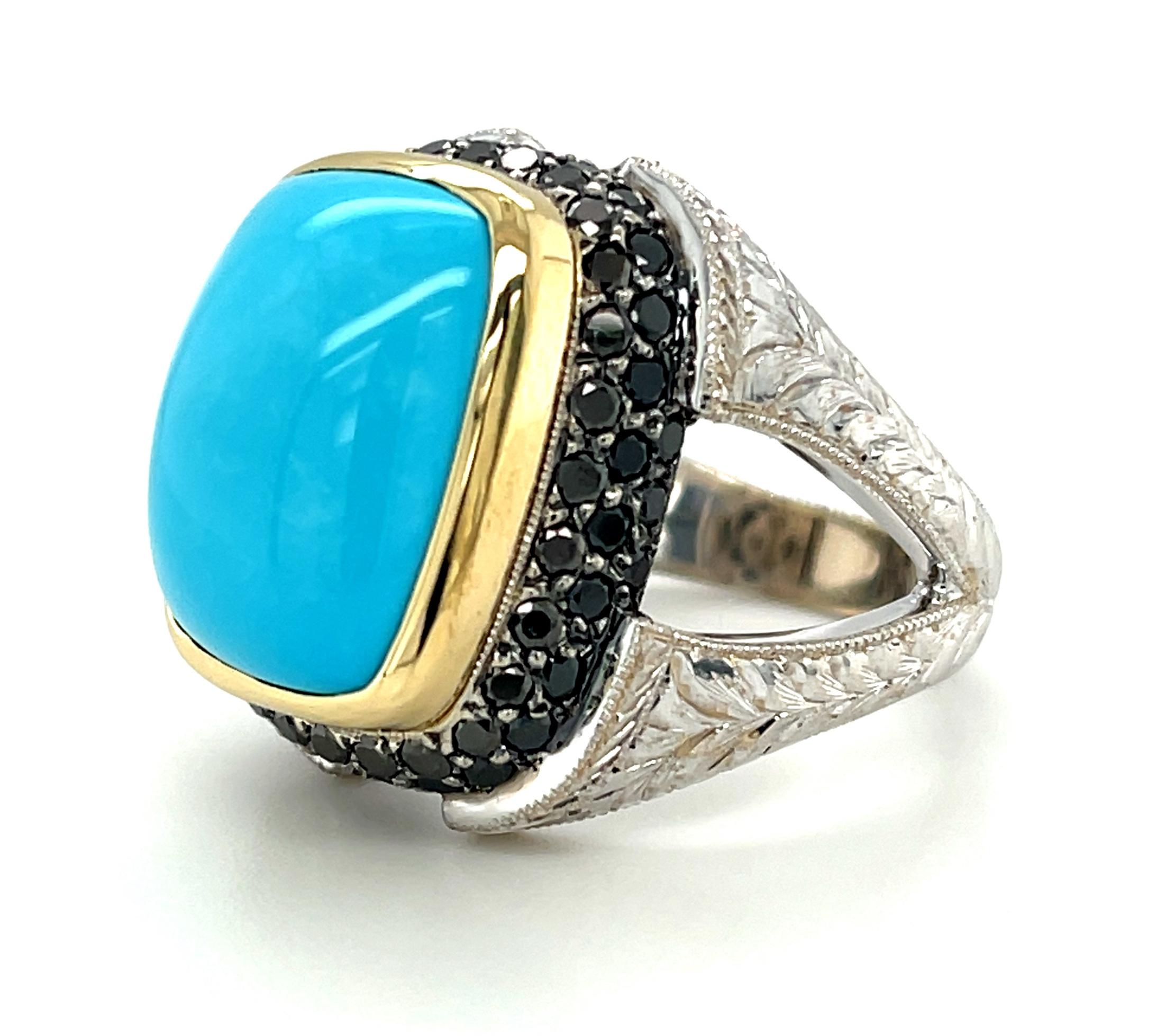Sleeping Beauty Turquoise Ring 18k Gold with Natural Black Diamonds In New Condition For Sale In Los Angeles, CA