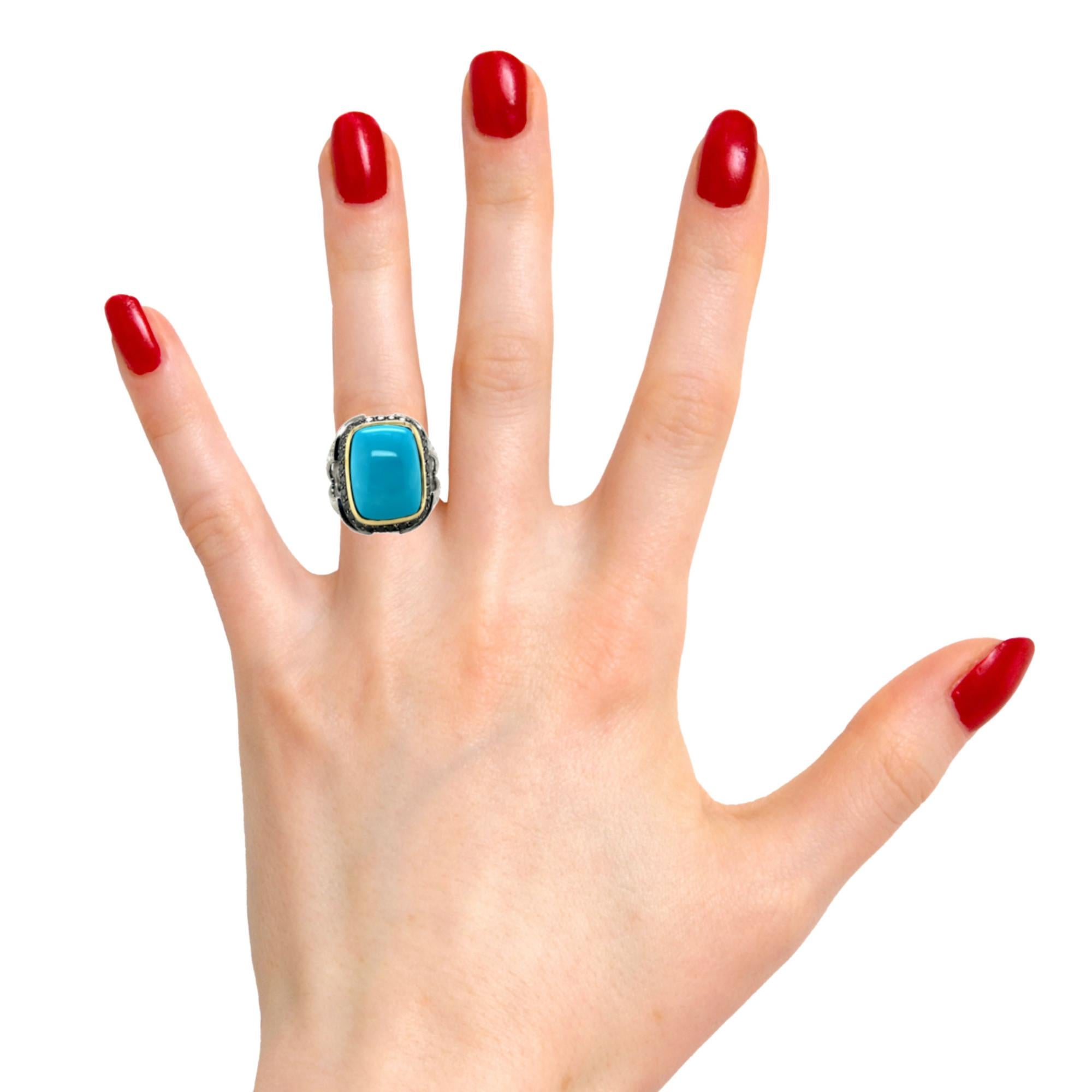 Sleeping Beauty Turquoise Ring 18k Gold with Natural Black Diamonds For Sale 1