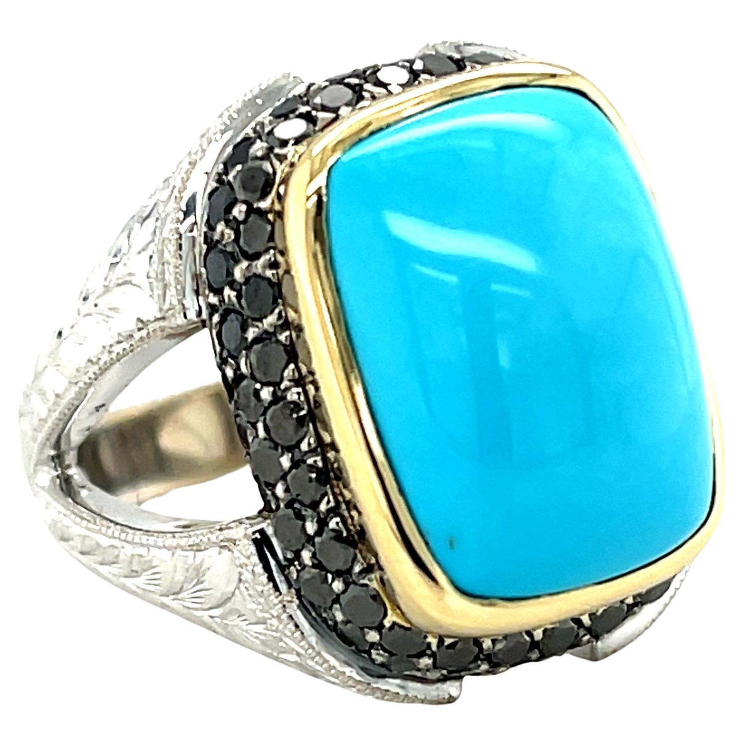 Sleeping Beauty Turquoise Ring 18k Gold with Natural Black Diamonds For Sale