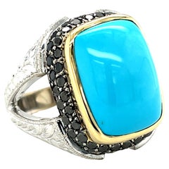 Sleeping Beauty Turquoise Ring 18k Gold with Natural Black Diamonds