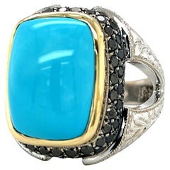 Sleeping Beauty Turquoise Ring 18k Gold with Natural Black Diamonds