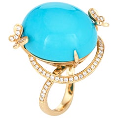 Retro Sleeping Beauty Turquoise Ring Diamond Butterfly Estate 14k Gold Fine Jewelry