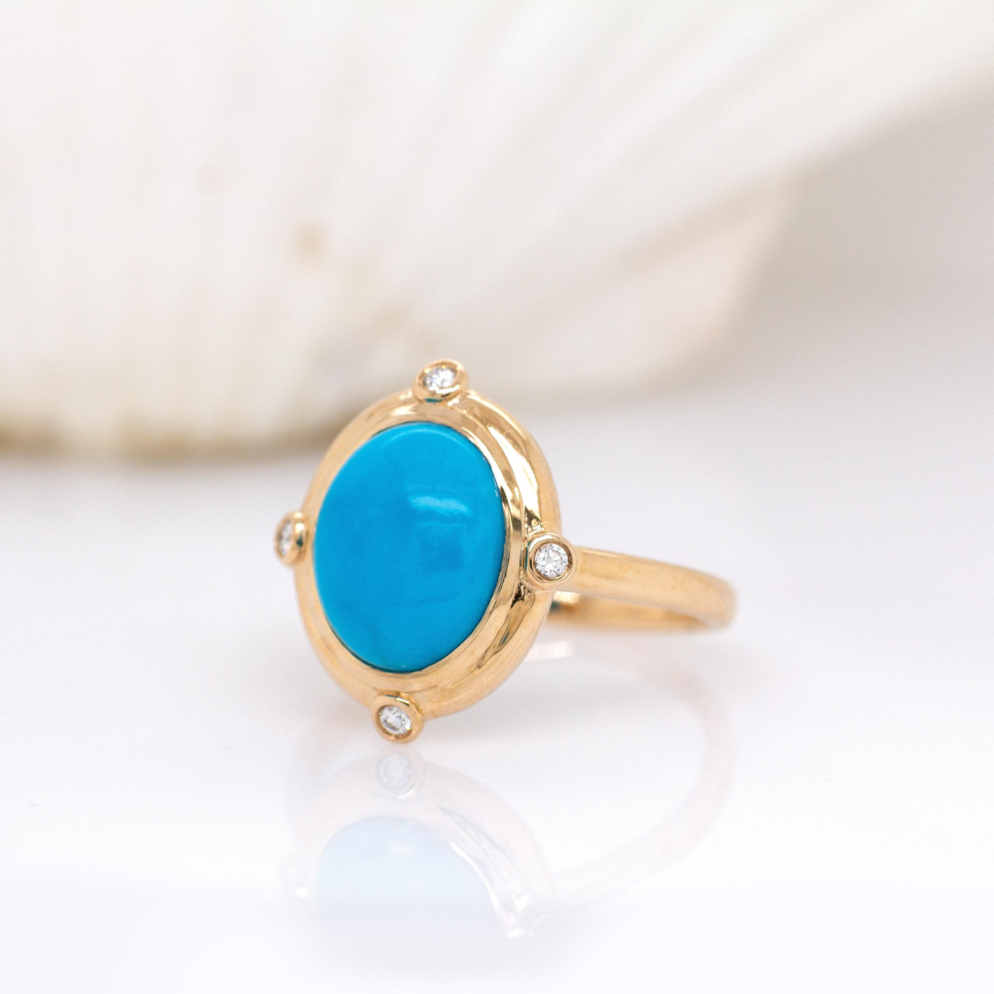 Art Déco Anello con turchese della Bella Addormentata e accenti di diamanti naturali in oro massiccio 14 carati in vendita