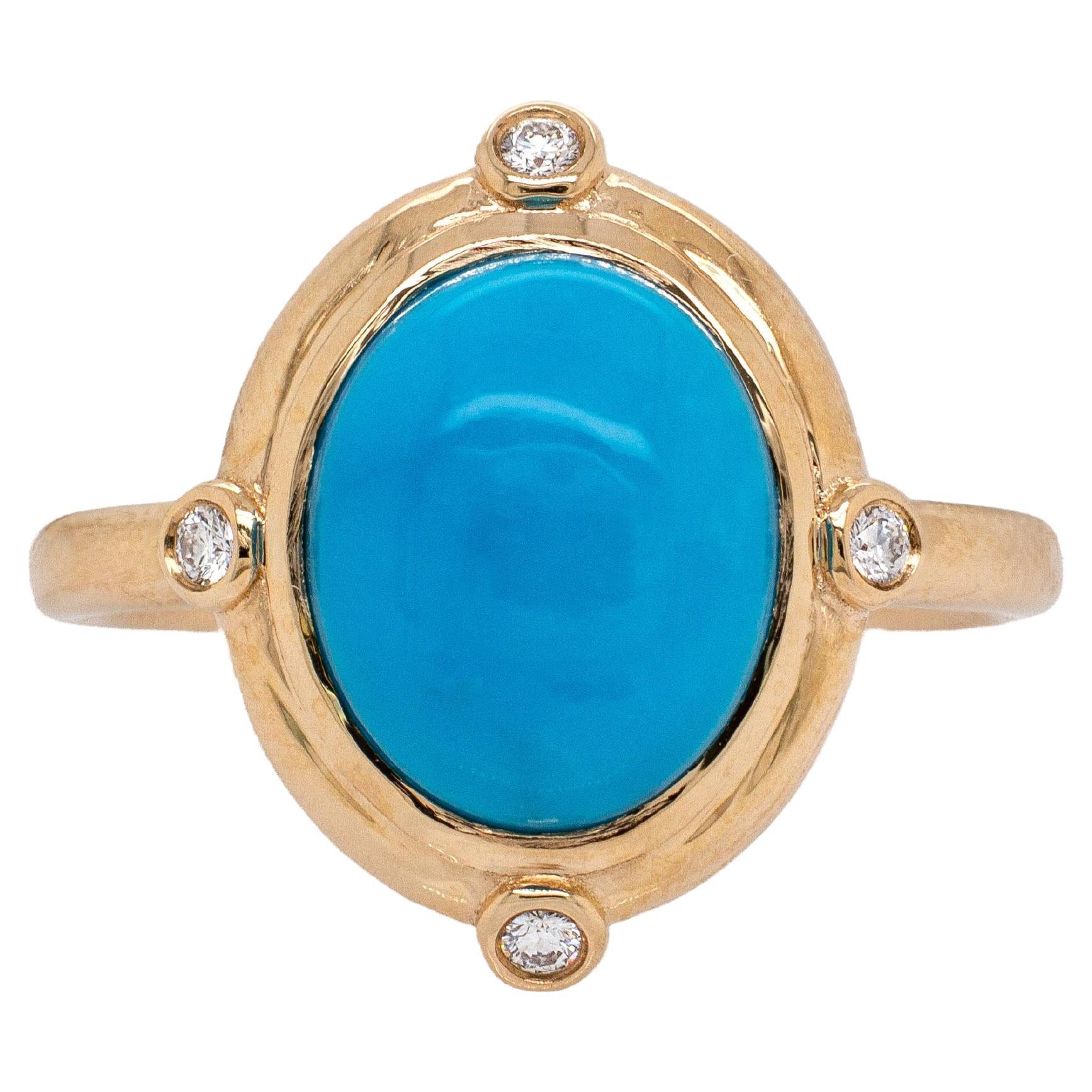 Anello con turchese della Bella Addormentata e accenti di diamanti naturali in oro massiccio 14 carati in vendita