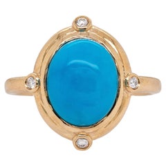 Anello con turchese della Bella Addormentata e accenti di diamanti naturali in oro massiccio 14 carati
