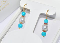 Sleeping Beauty Turquoise, South Sea Pearl, Diamonds Earrings in 18K Solid Gold