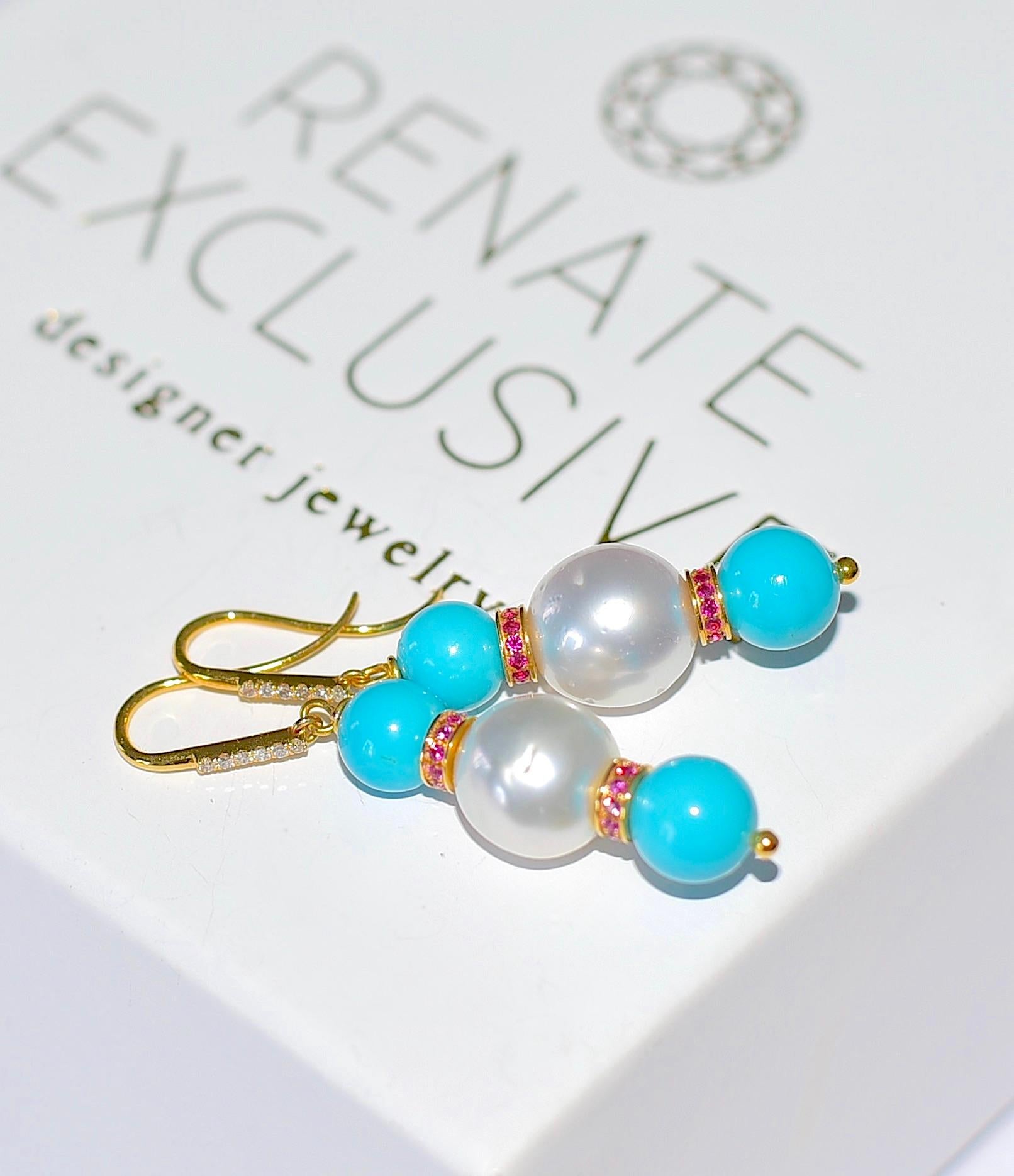 Artisan Sleeping Beauty Turquoise, South Sea Pearl, Diamonds Earrings in 18K Solid Gold 