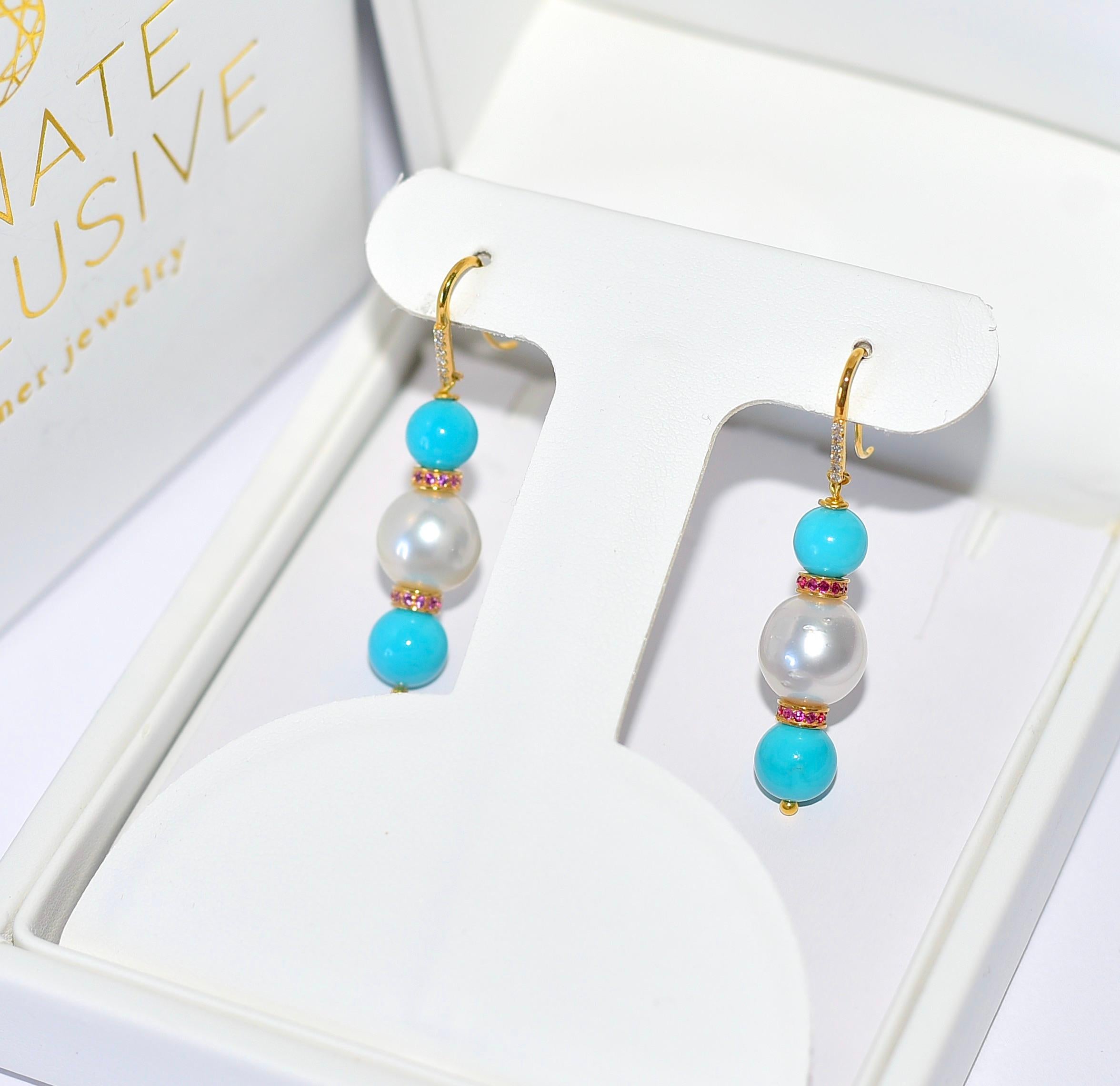 Bead Sleeping Beauty Turquoise, South Sea Pearl, Diamonds Earrings in 18K Solid Gold 