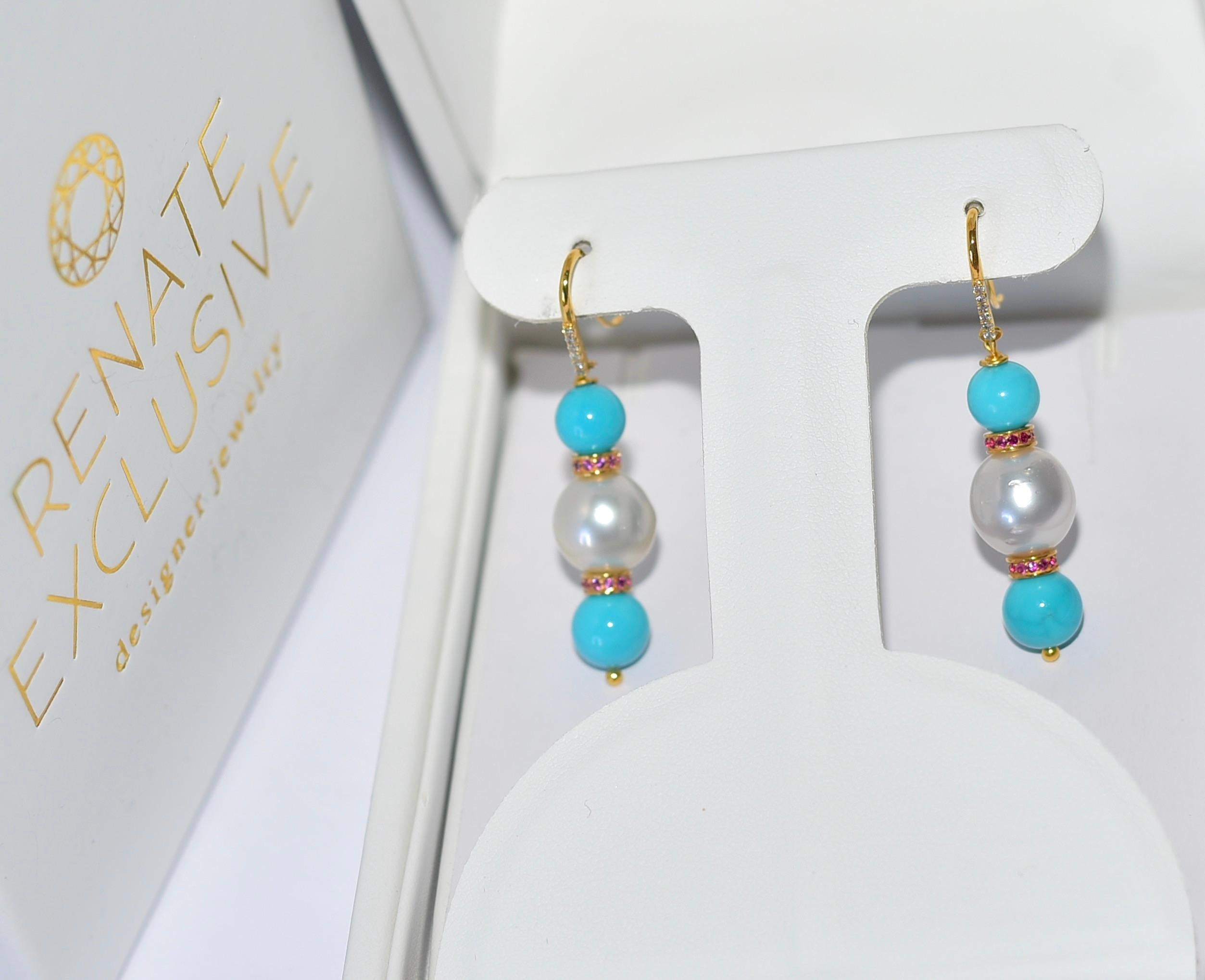 Sleeping Beauty Turquoise, South Sea Pearl, Diamonds Earrings in 18K Solid Gold  In New Condition In Astoria, NY