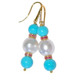 Sleeping Beauty Turquoise, South Sea Pearl, Diamonds Earrings in 18K Solid Gold 