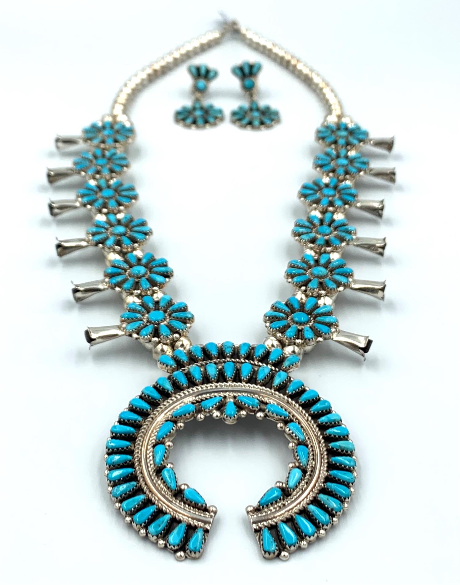Native American Sleeping Beauty Turquoise Squash Blossom Necklace and Earring Set by Violet Nez For Sale