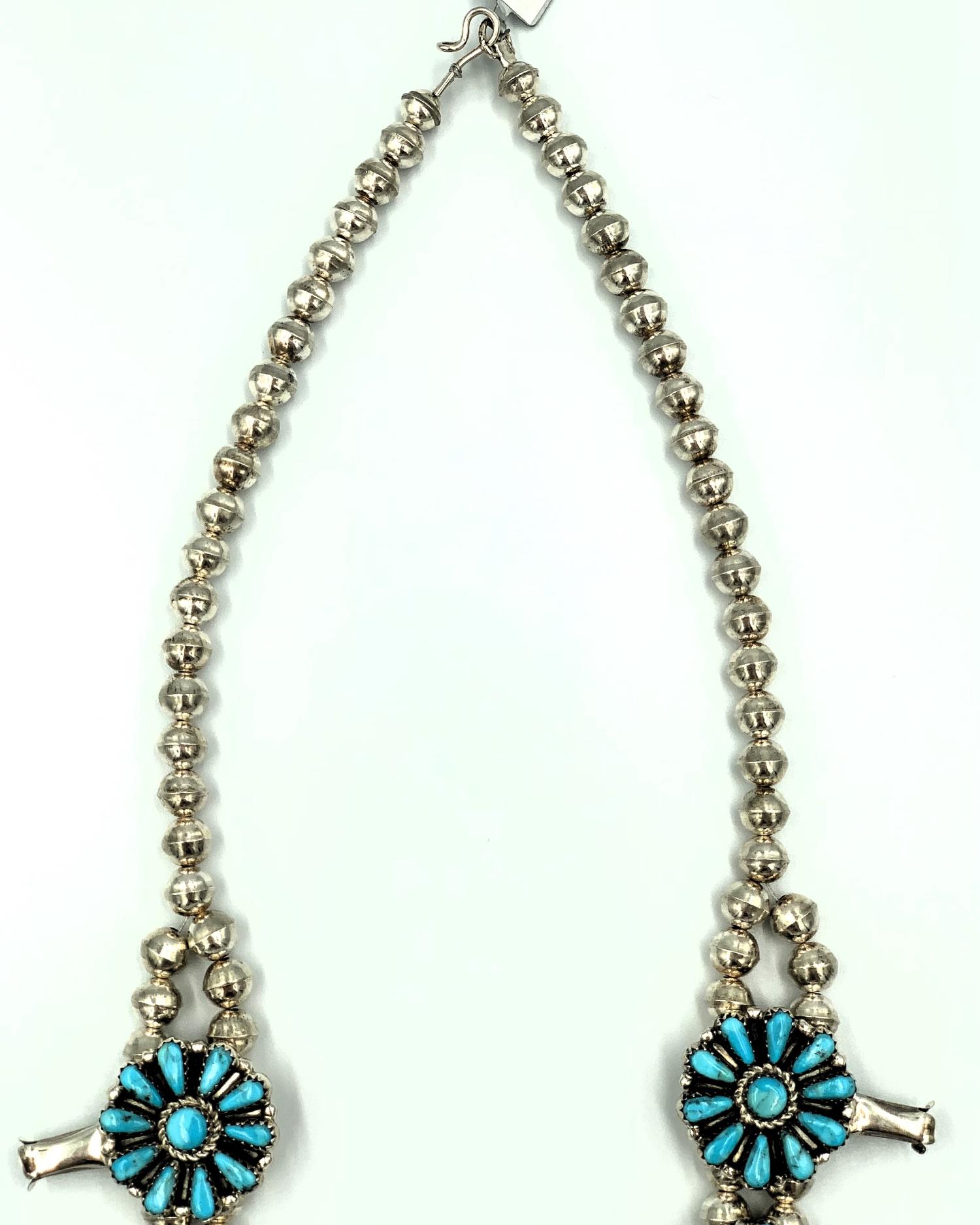 Sleeping Beauty Turquoise Squash Blossom Necklace and Earring Set by Violet Nez For Sale 1