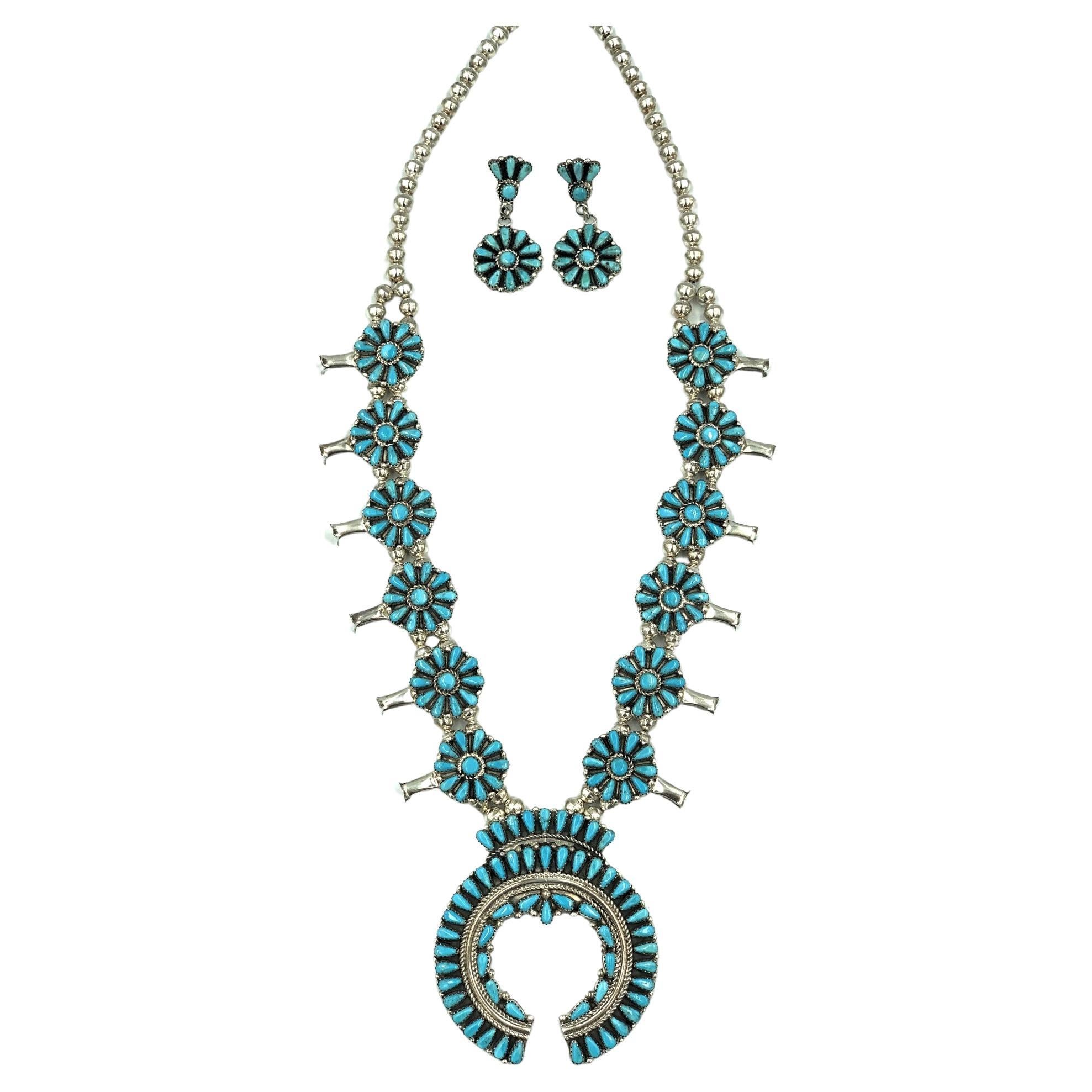 Sleeping Beauty Turquoise Squash Blossom Necklace and Earring Set by Violet Nez For Sale
