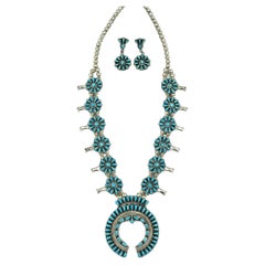 Sleeping Beauty Turquoise Squash Blossom Necklace and Earring Set by Violet Nez