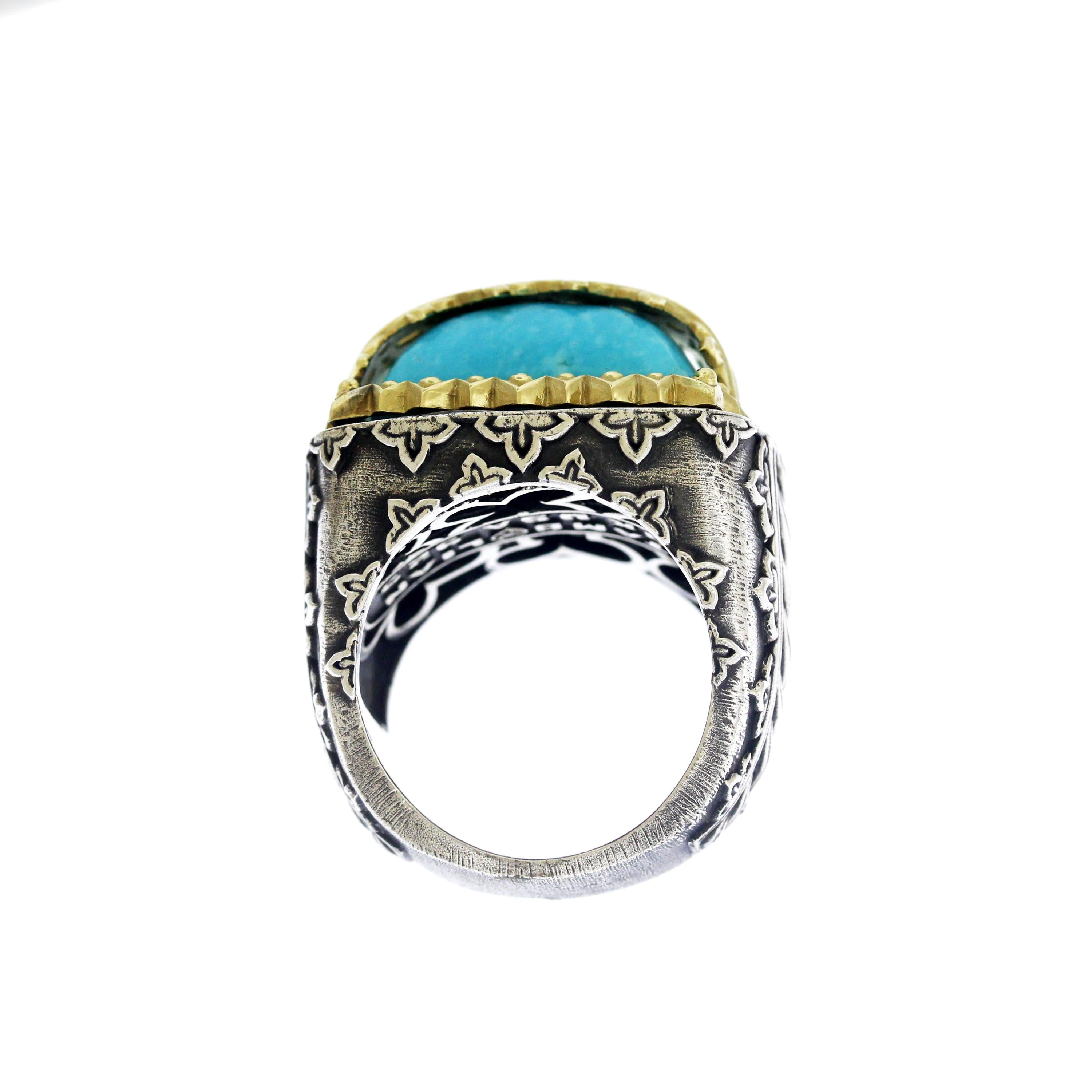 Sleeping Beauty Turquoise Sterling Silver and Gold Ring Stambolian In Excellent Condition In Boca Raton, FL