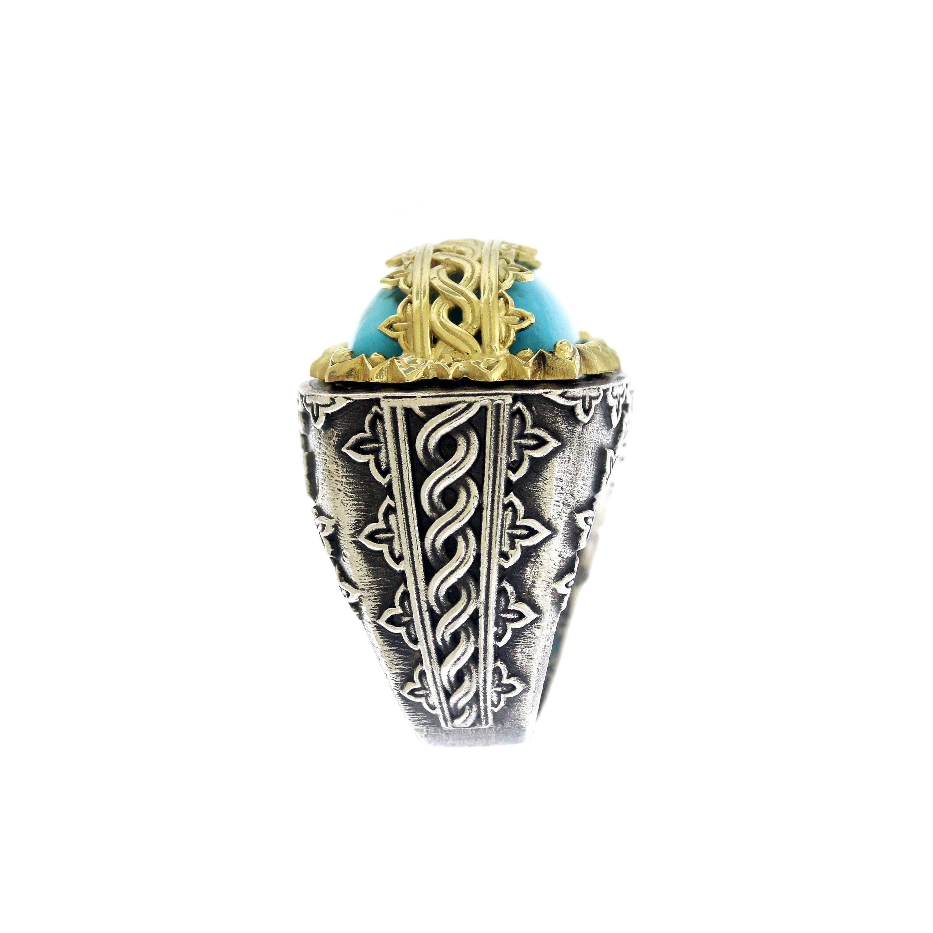 Women's or Men's Sleeping Beauty Turquoise Sterling Silver and Gold Ring Stambolian