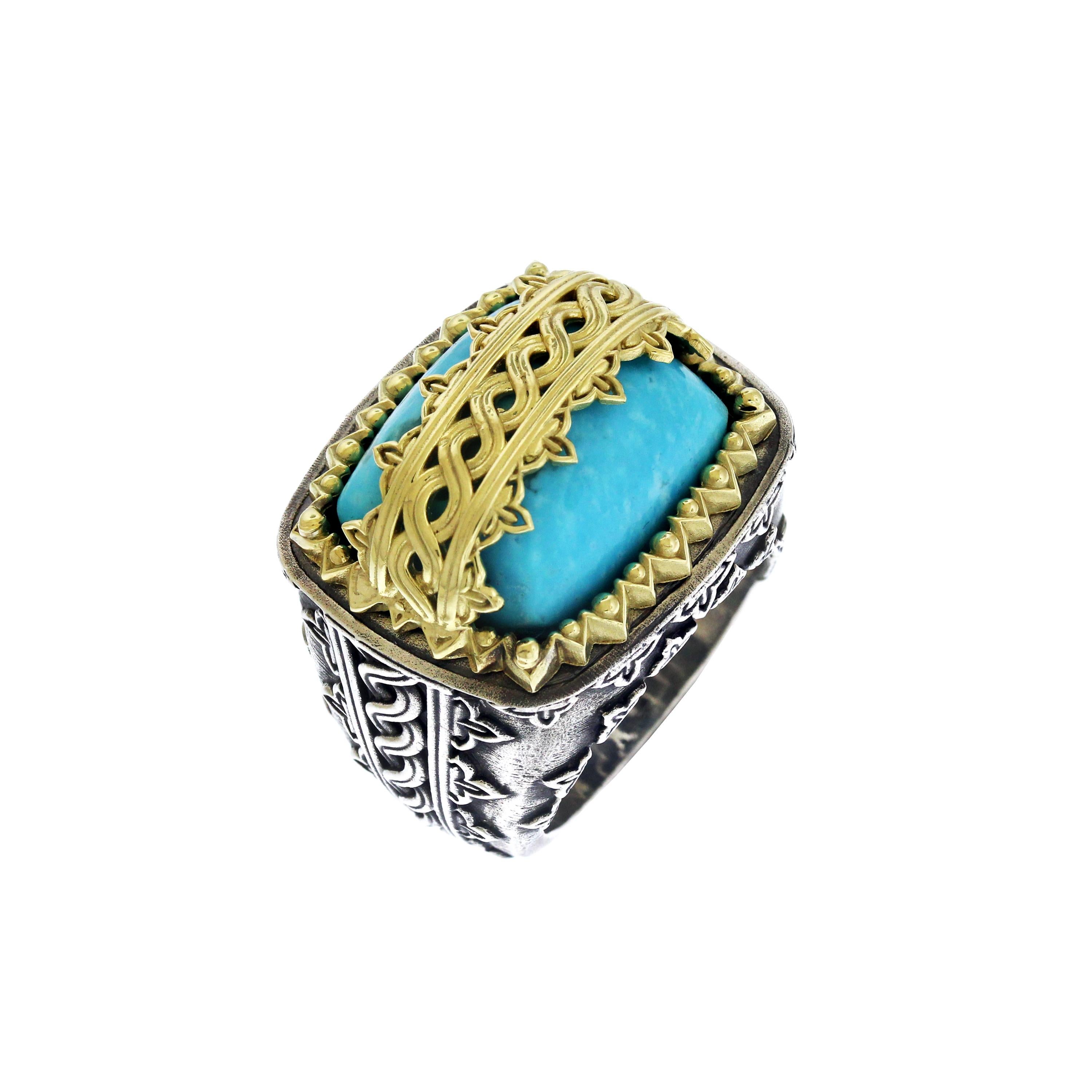 Sleeping Beauty Turquoise Sterling Silver and Gold Ring Stambolian