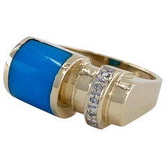 Sleeping Beauty Turquoise Tank Ring with Diamonds in Yellow Gold