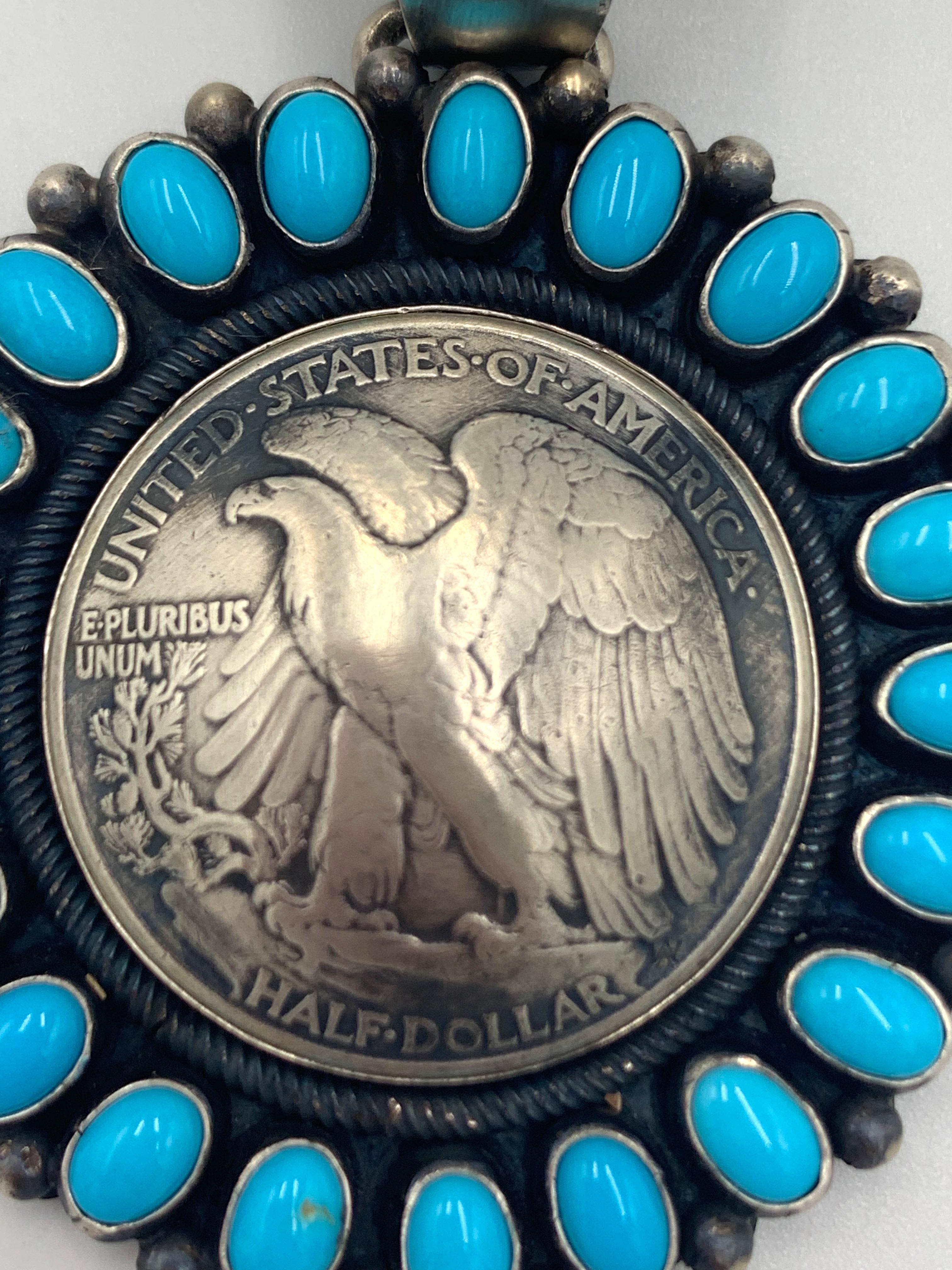Native American Sleeping Beauty Turquoise & Vintage Half Dollar Pendant by Paul Livingston For Sale